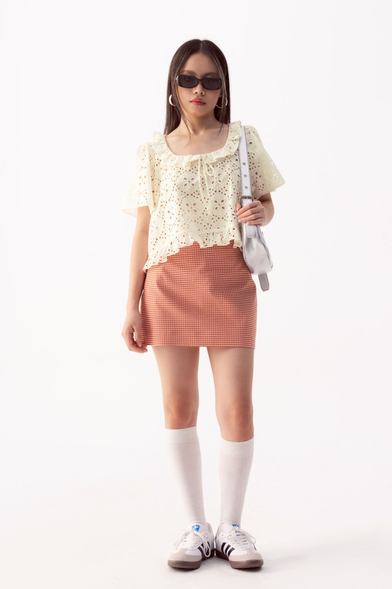  Ivory Ruffle Neckline Eyelet Top 