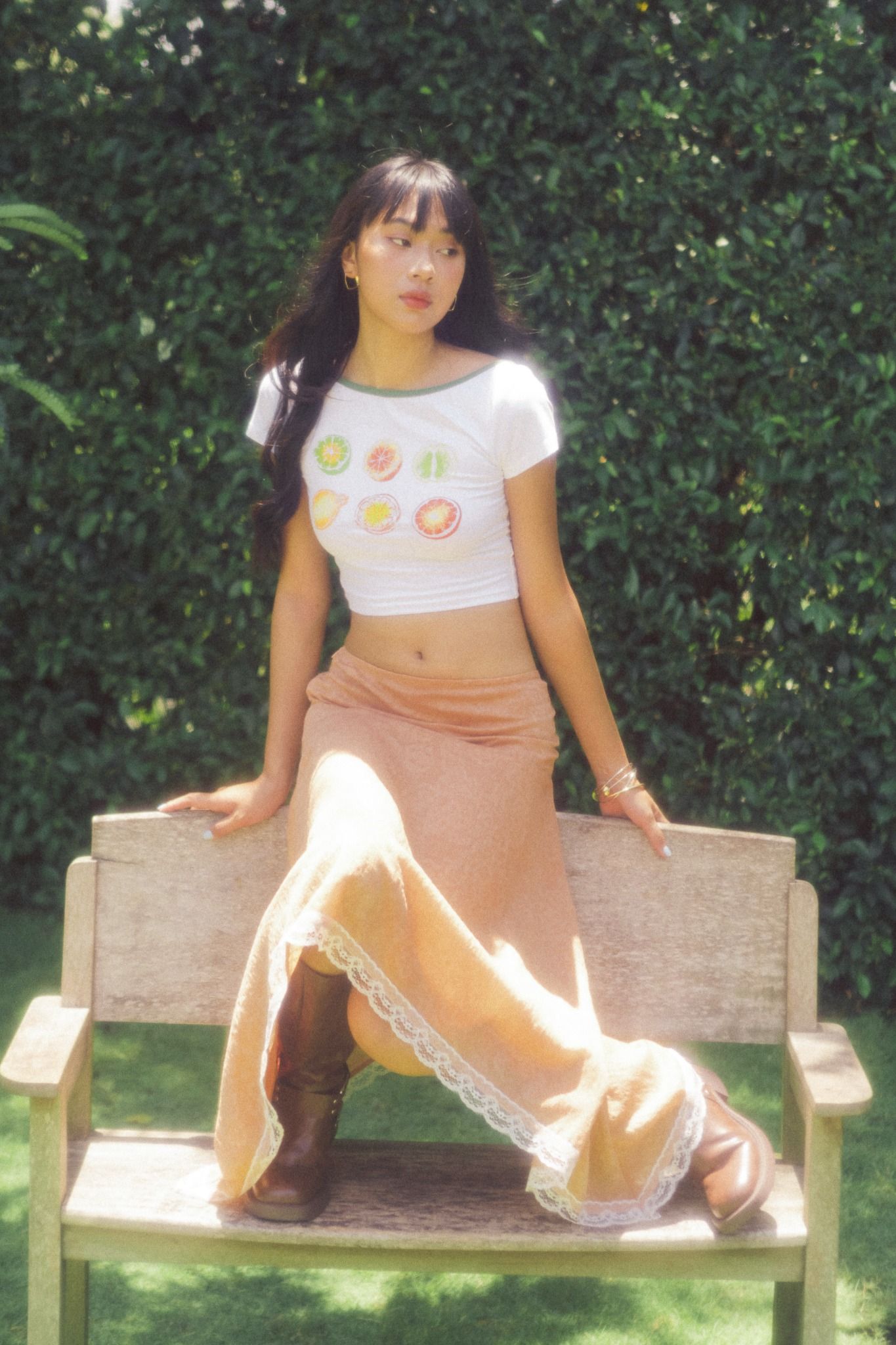 White Tropical Fruits Printed Green Collar Crop Top