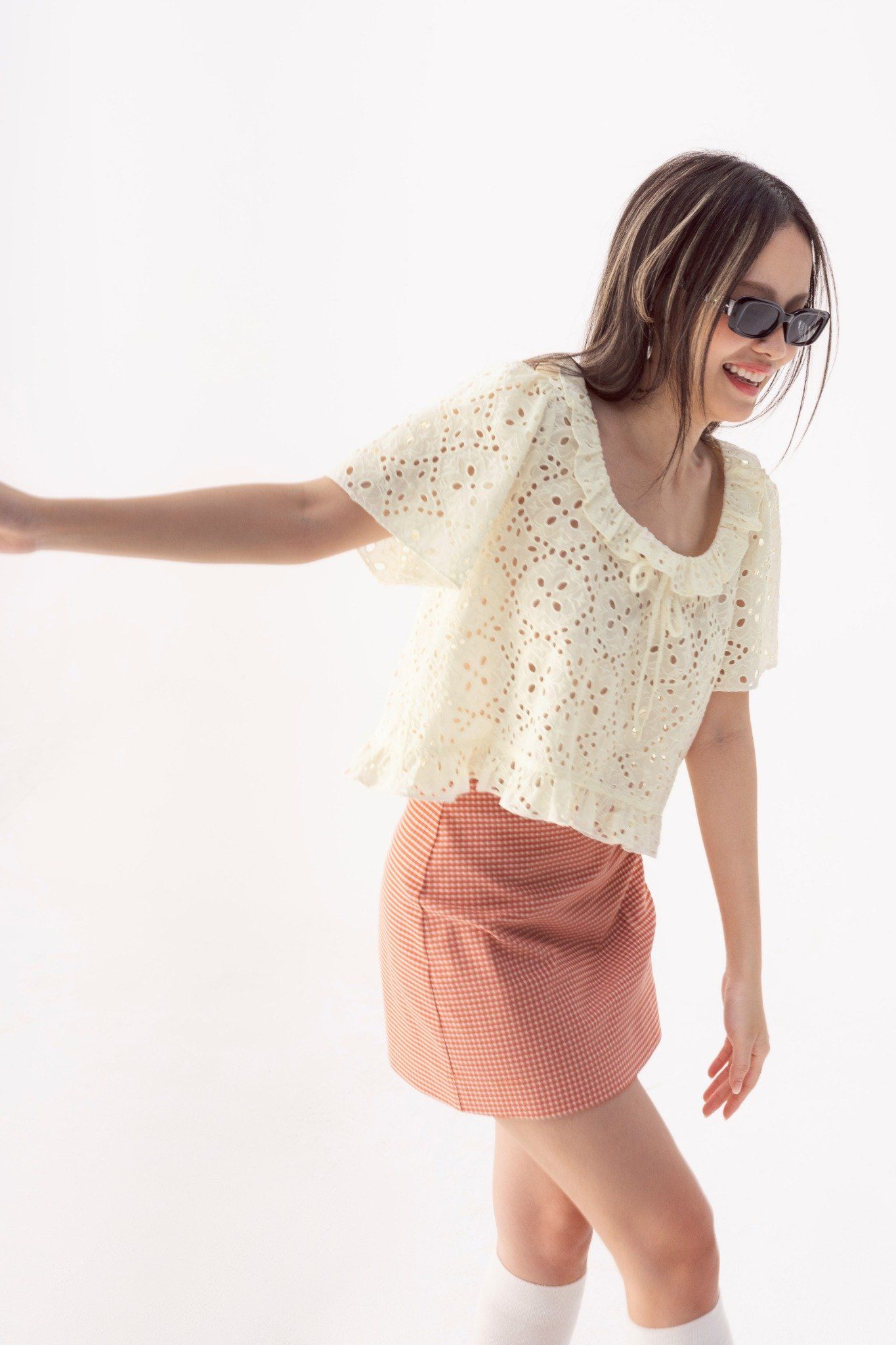  Ivory Ruffle Neckline Eyelet Top 