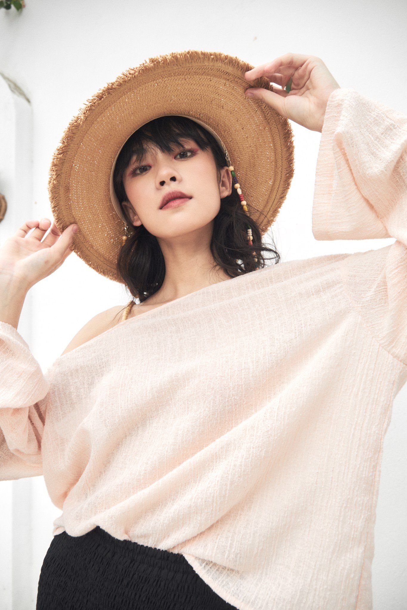 Pink Long Sleeve Top With Wooden Beads