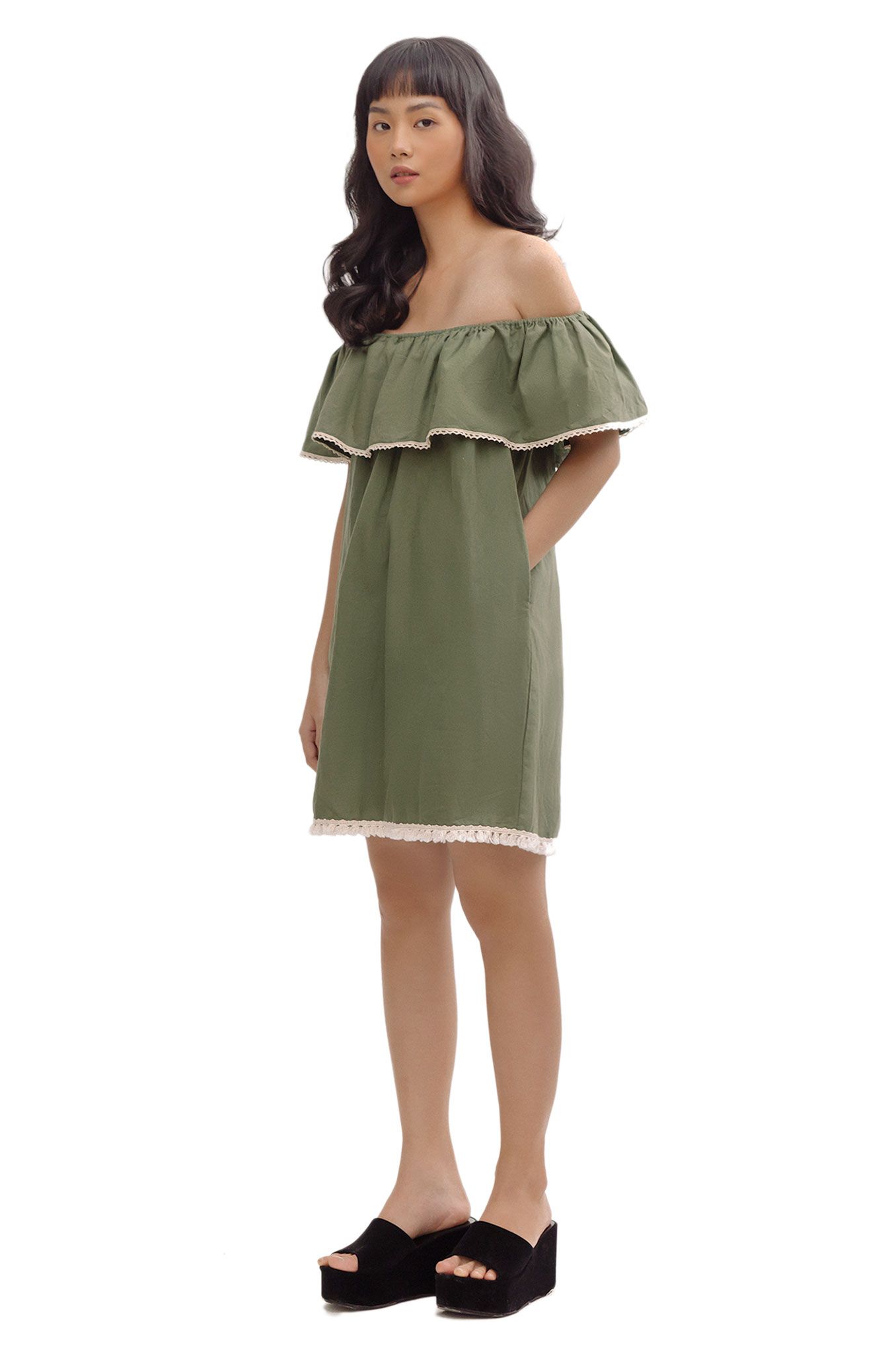 Green Off Shoulder Linen Dress