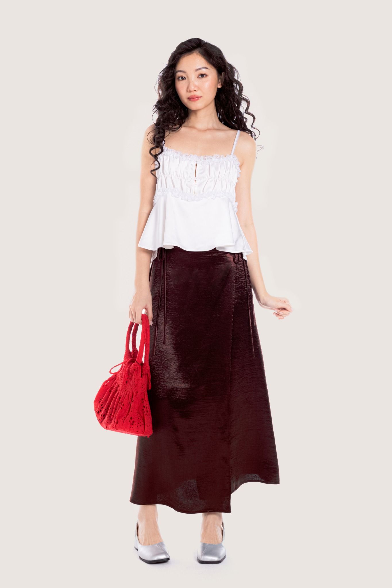  Dark Brown Overlap Silk Midi Skirt 