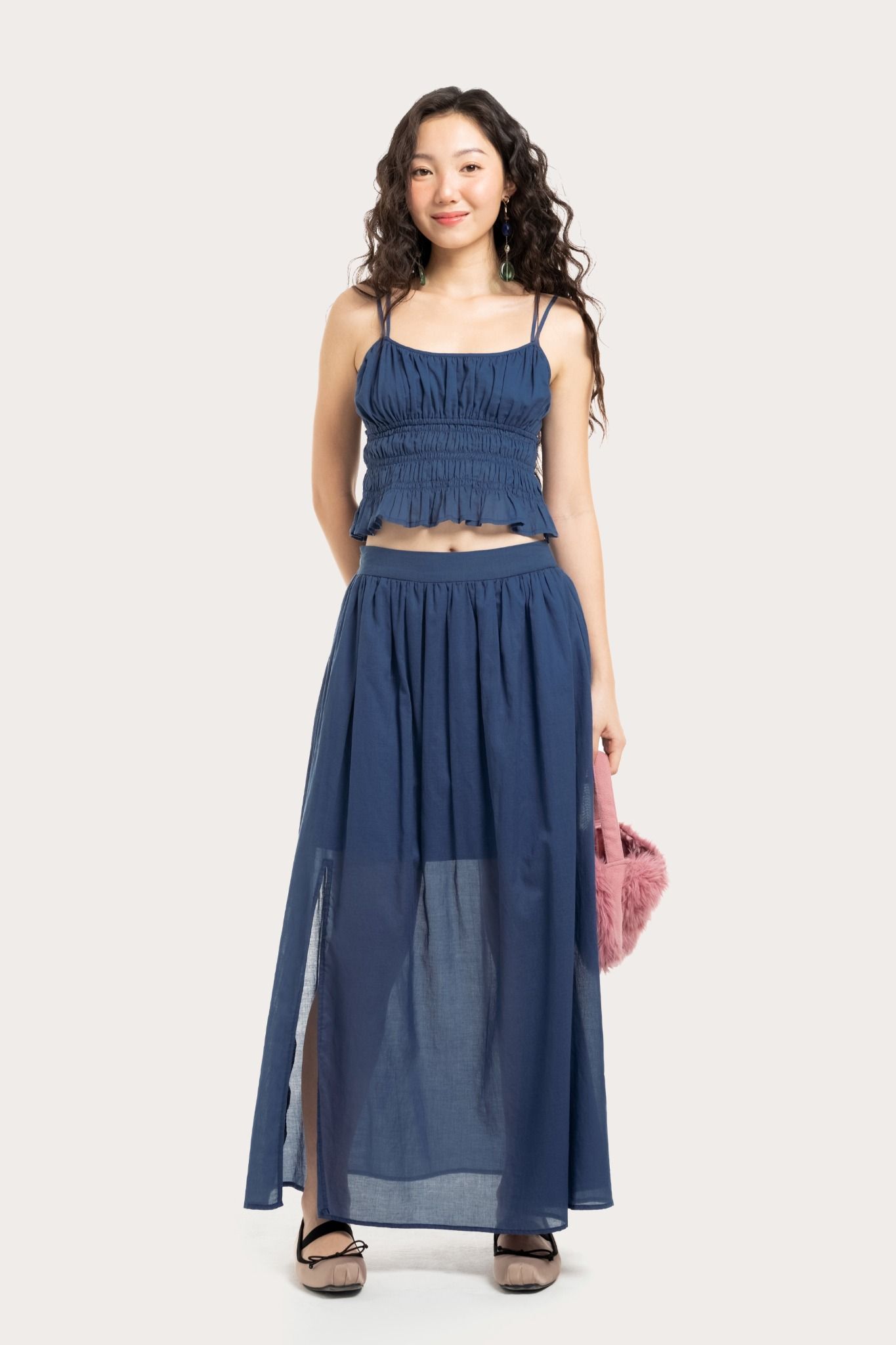  Cobalt Blue Ruched Split Maxi Skirt 
