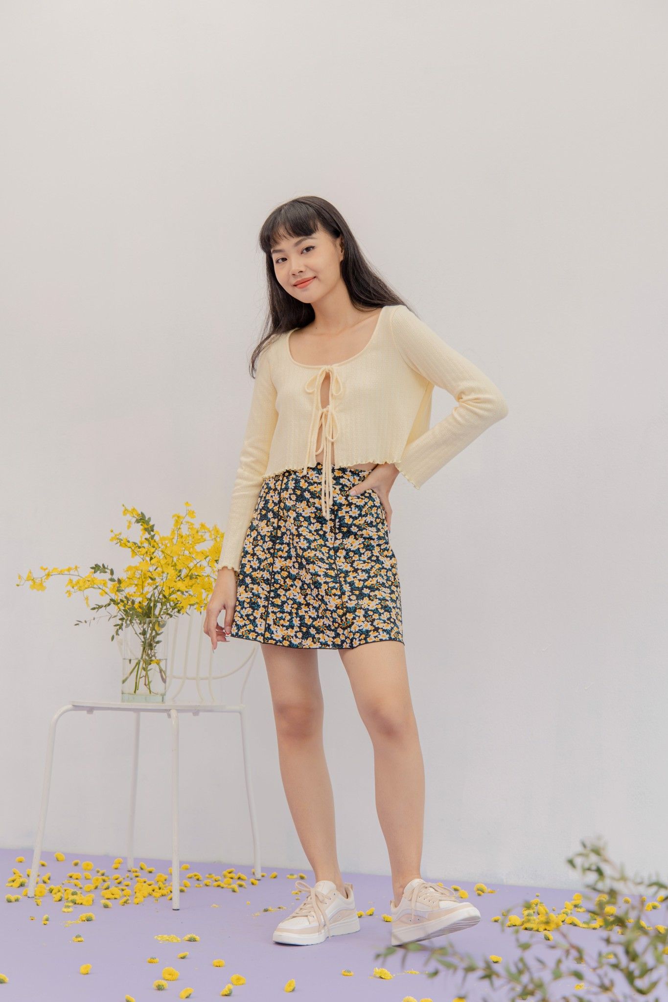 Yellow Tie Front Long Sleeve Top
