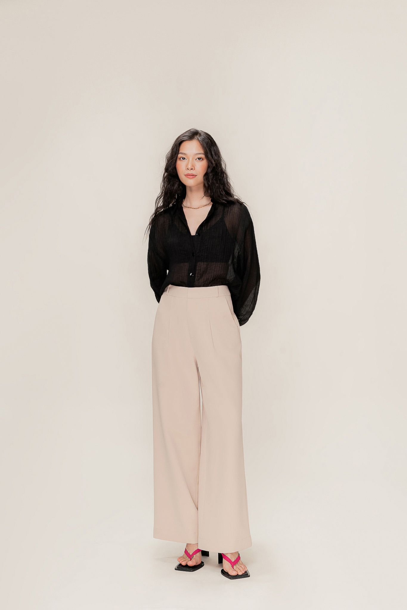  Beige Pleated Wide Leg Trousers 