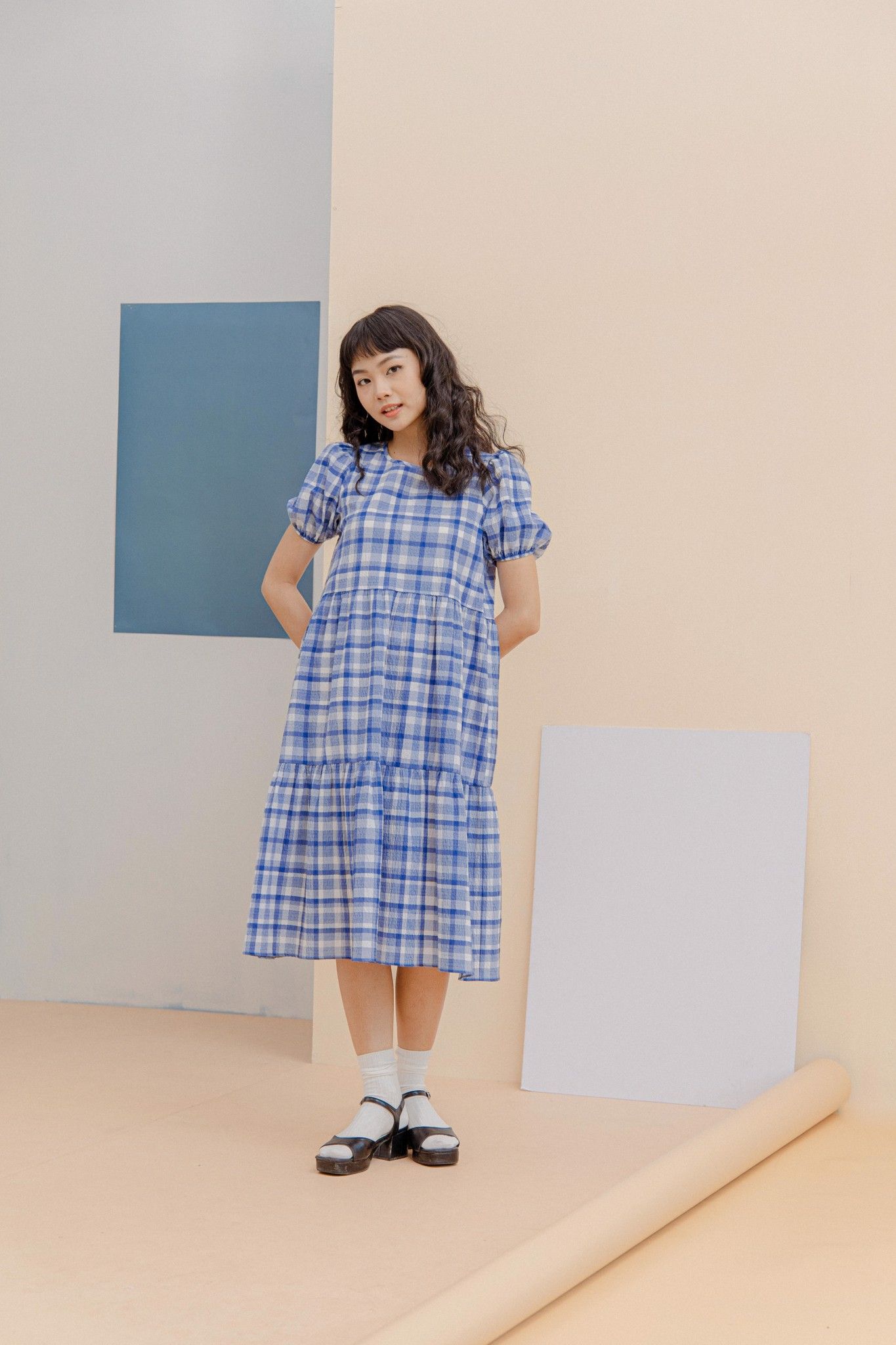 Checked Puff Sleeve Midi Dress