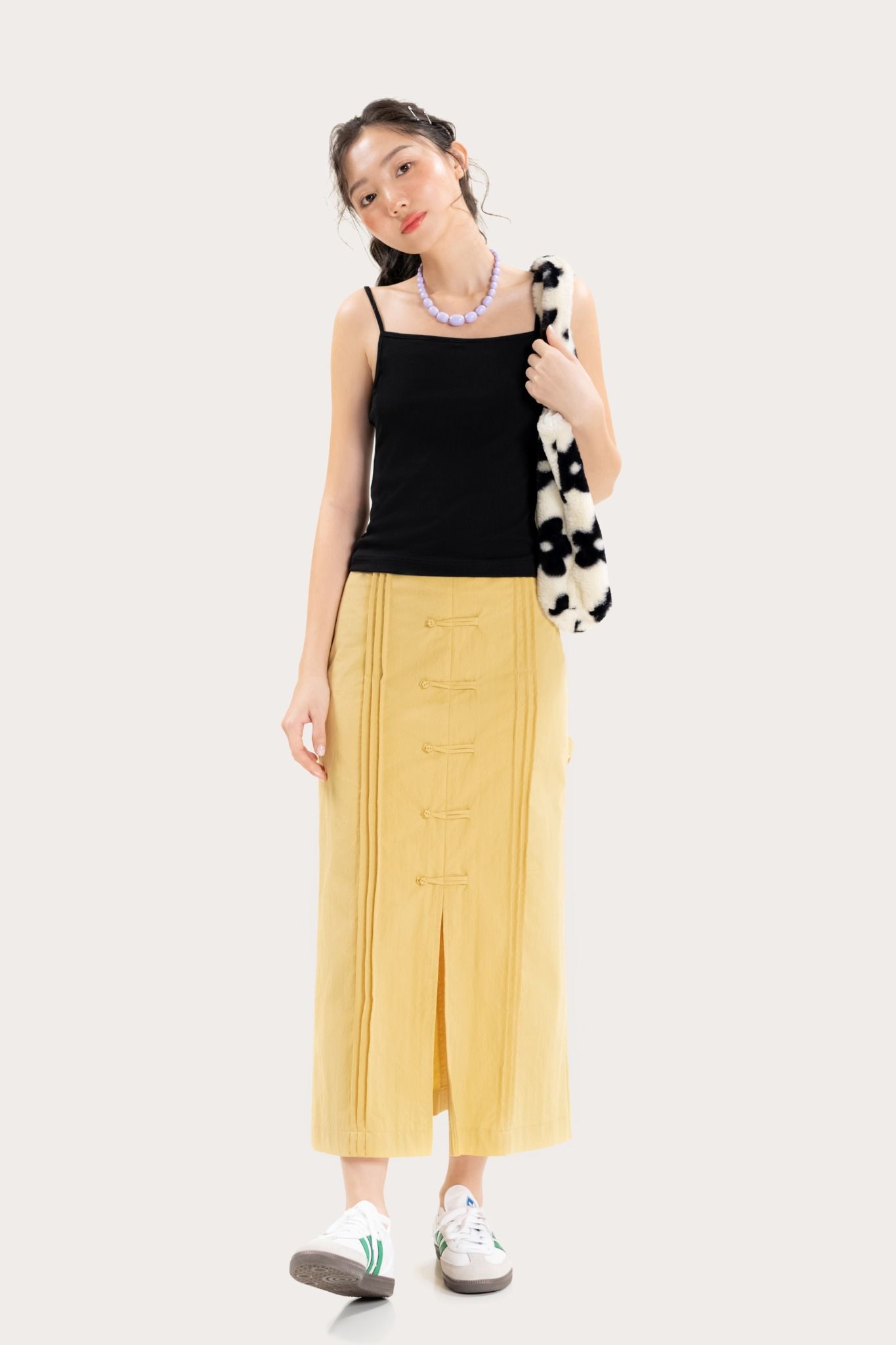  Yellow Buttons Parachute Midi Skirt 