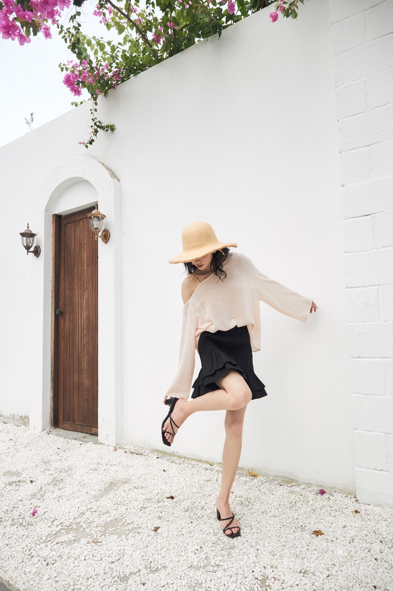 Black Smocked Mini Skirt With Ruffle