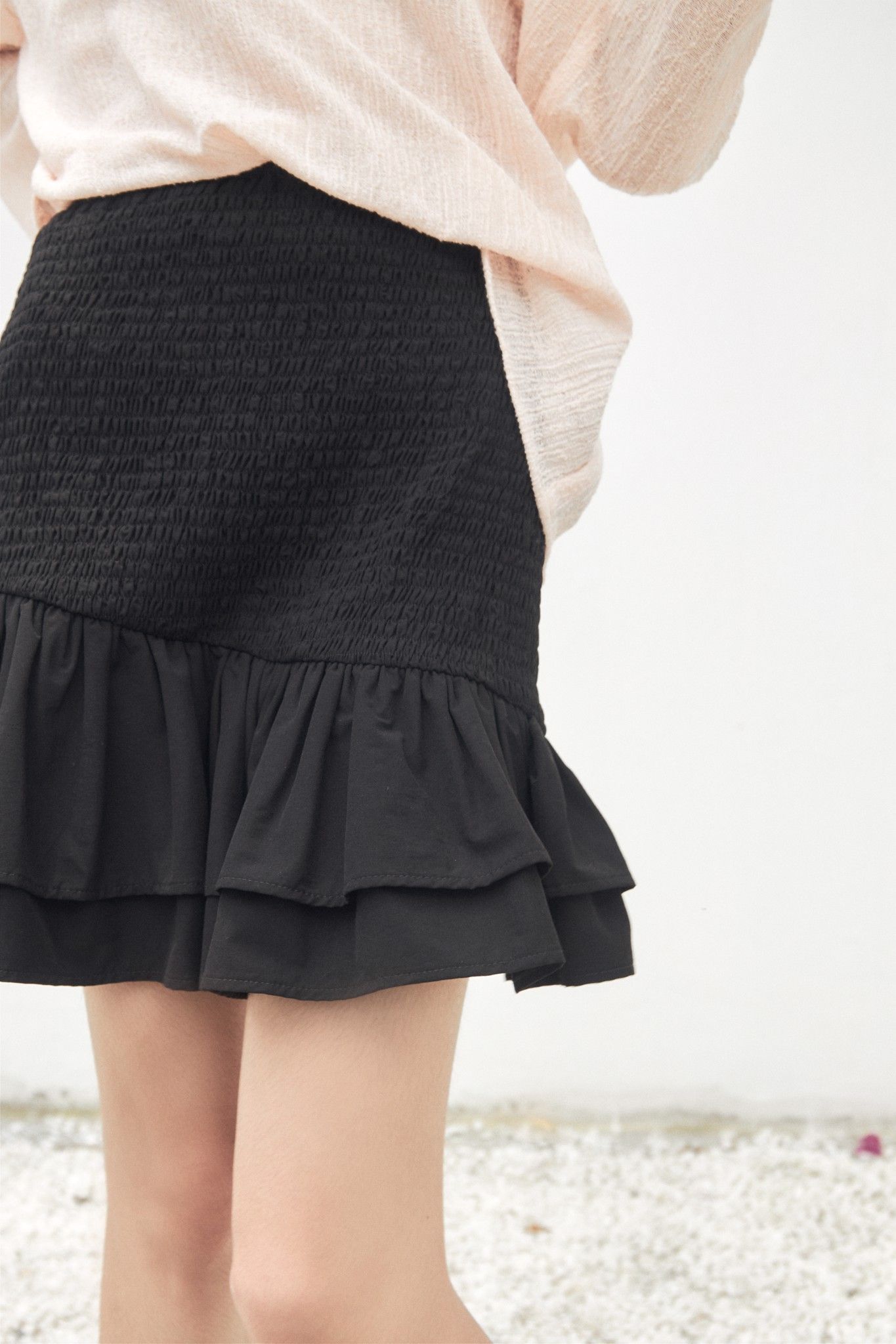 Black Smocked Mini Skirt With Ruffle