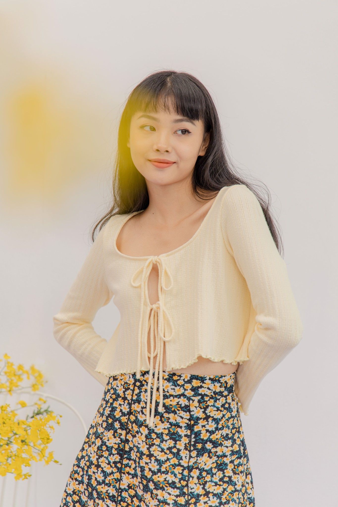 Yellow Tie Front Long Sleeve Top