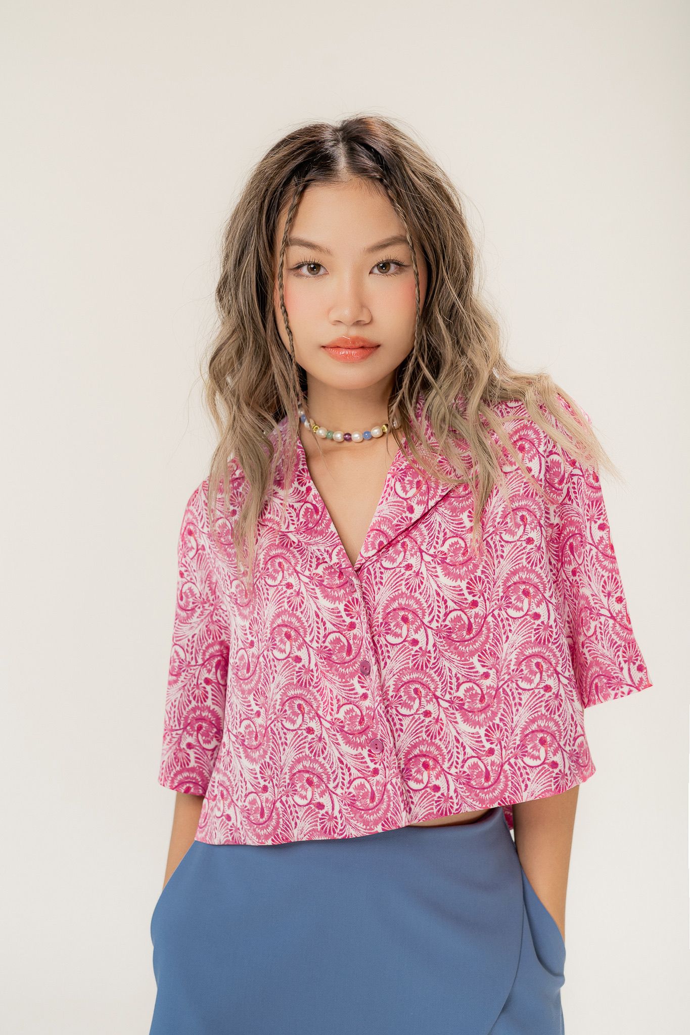  Floral Silk Crop Shirt 