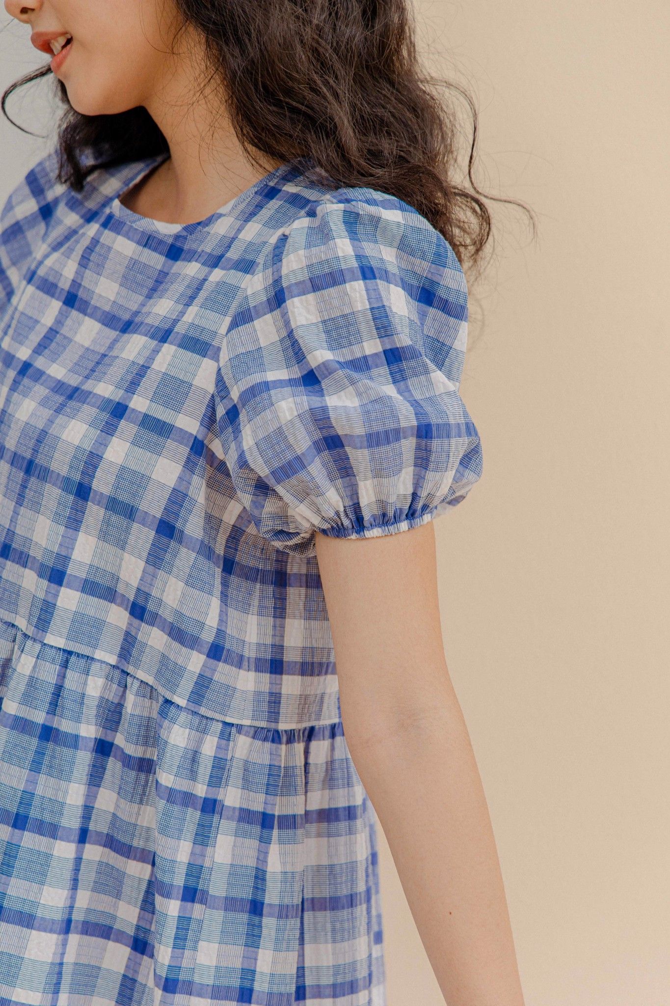 Checked Puff Sleeve Midi Dress