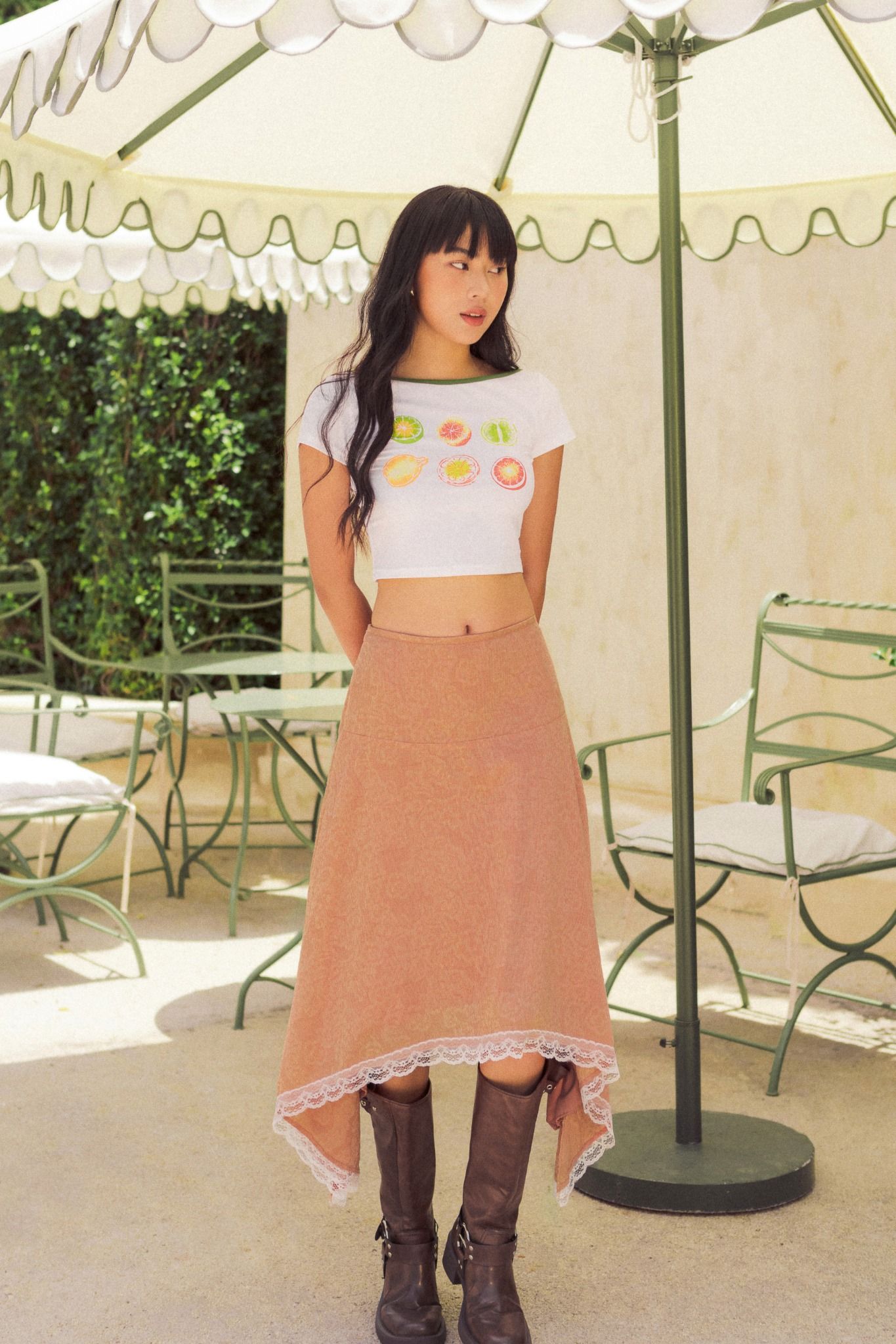 Peach Orange Lace Hem Midi Skirt