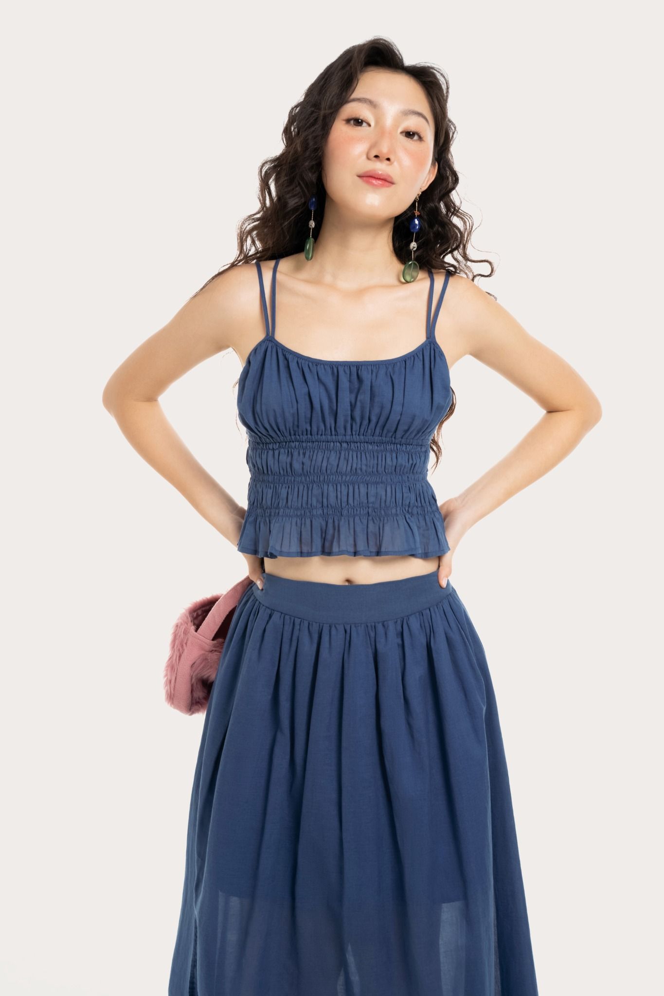  Cobalt Blue Ruched Split Maxi Skirt 