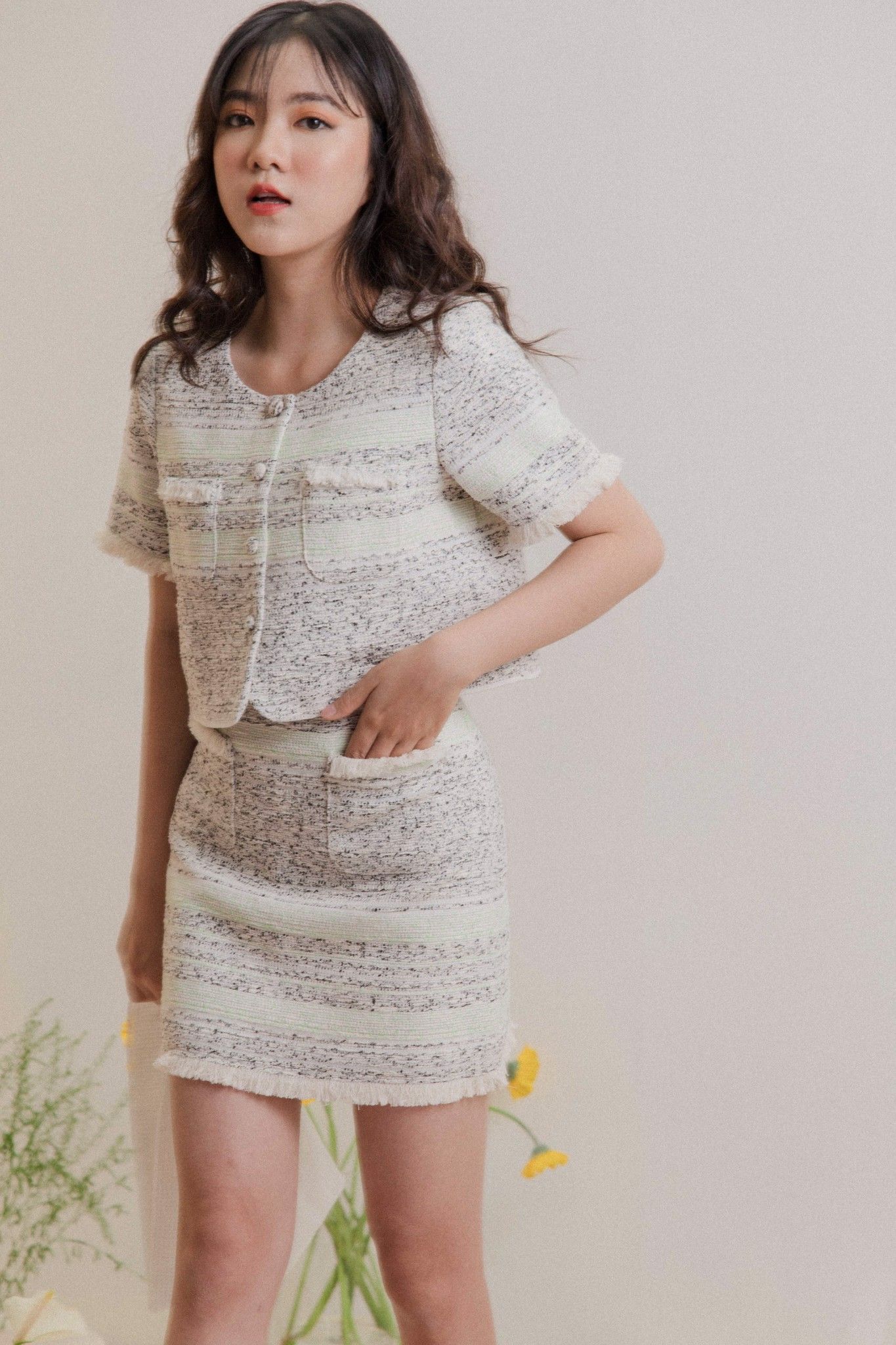 Green Striped Tweed Top