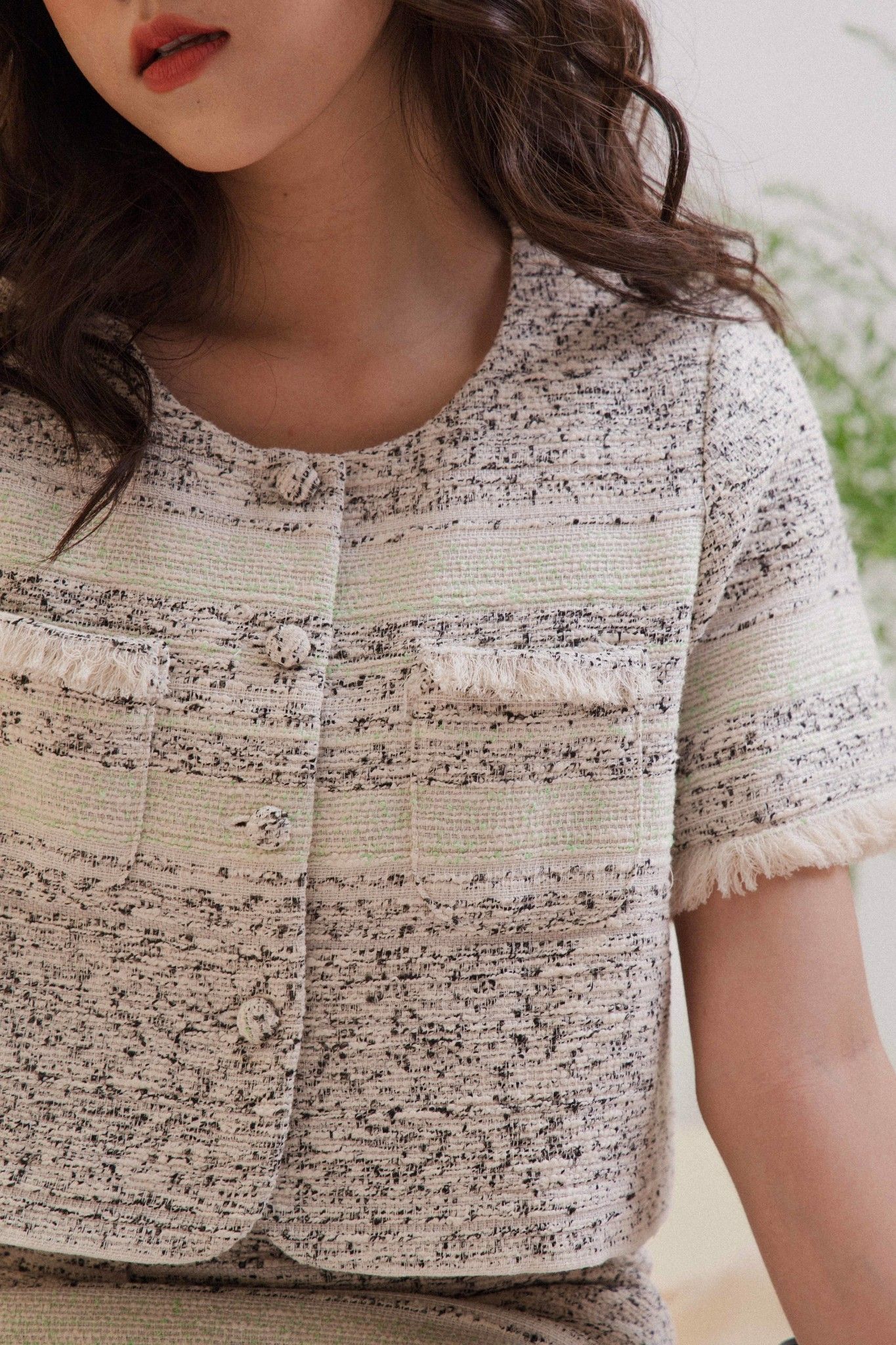 Green Striped Tweed Top