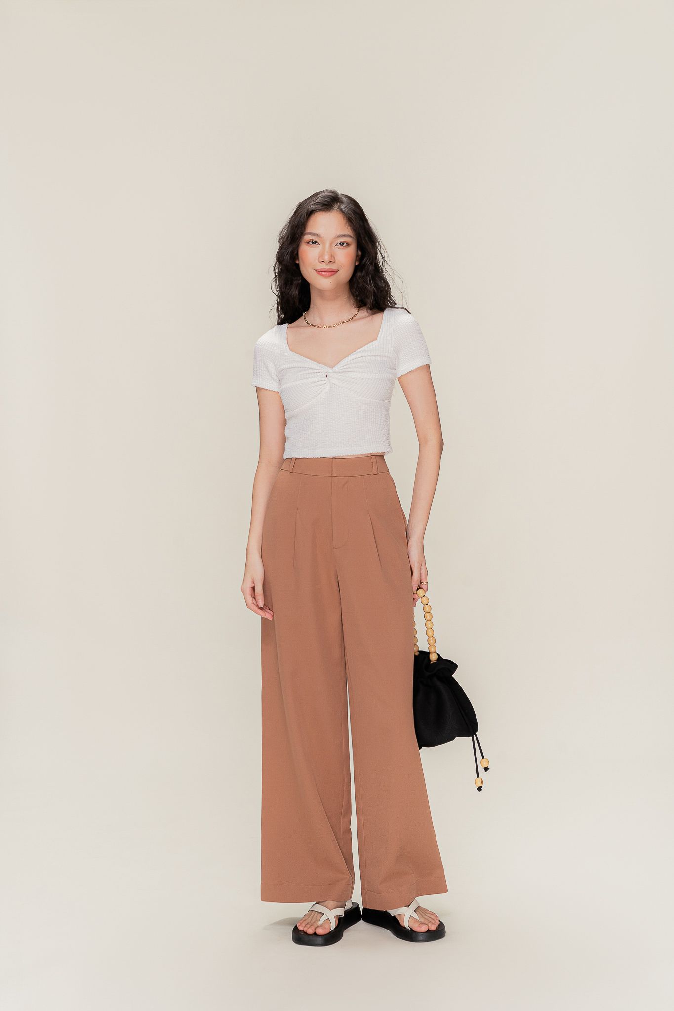  Brown Pleated Wide Leg Trousers 