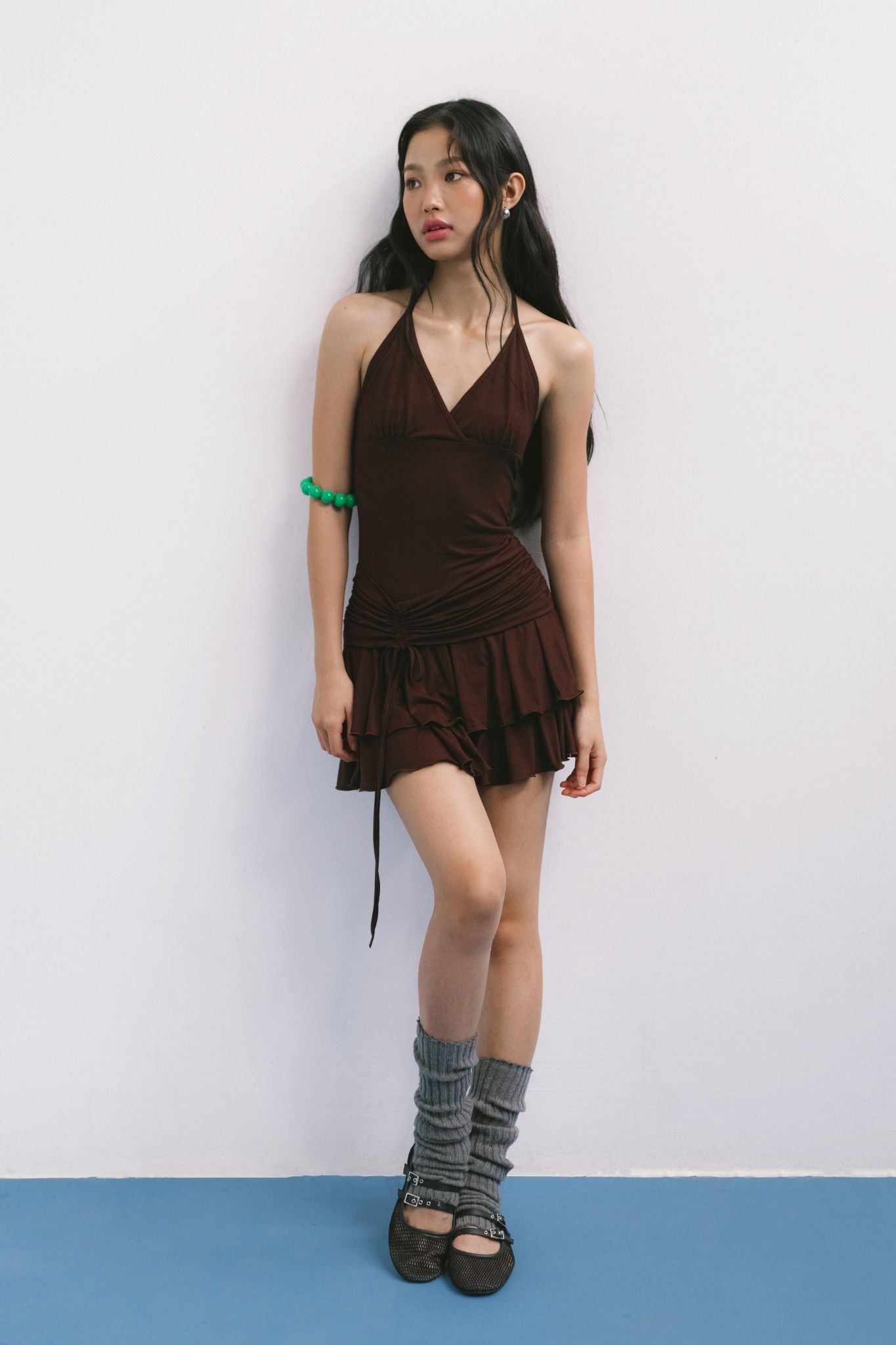  Brown Halter Neck Drawstring Mini Dress 