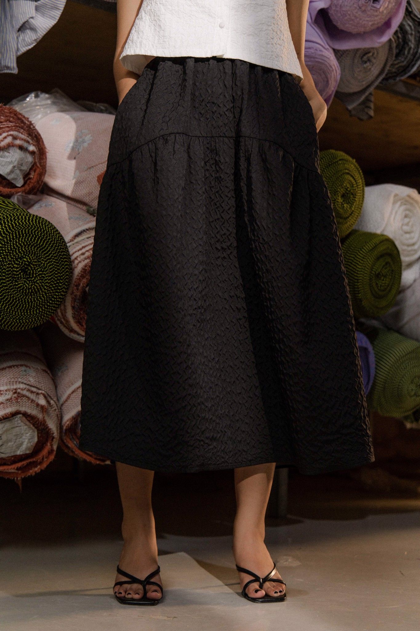 Seersucker Midi Skirt - Black