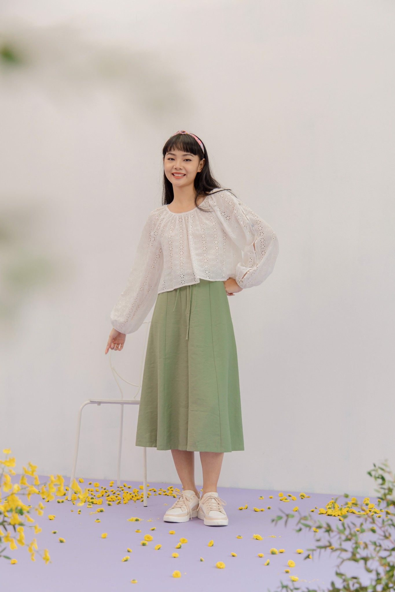 Green Tie Waist Midi Skirt