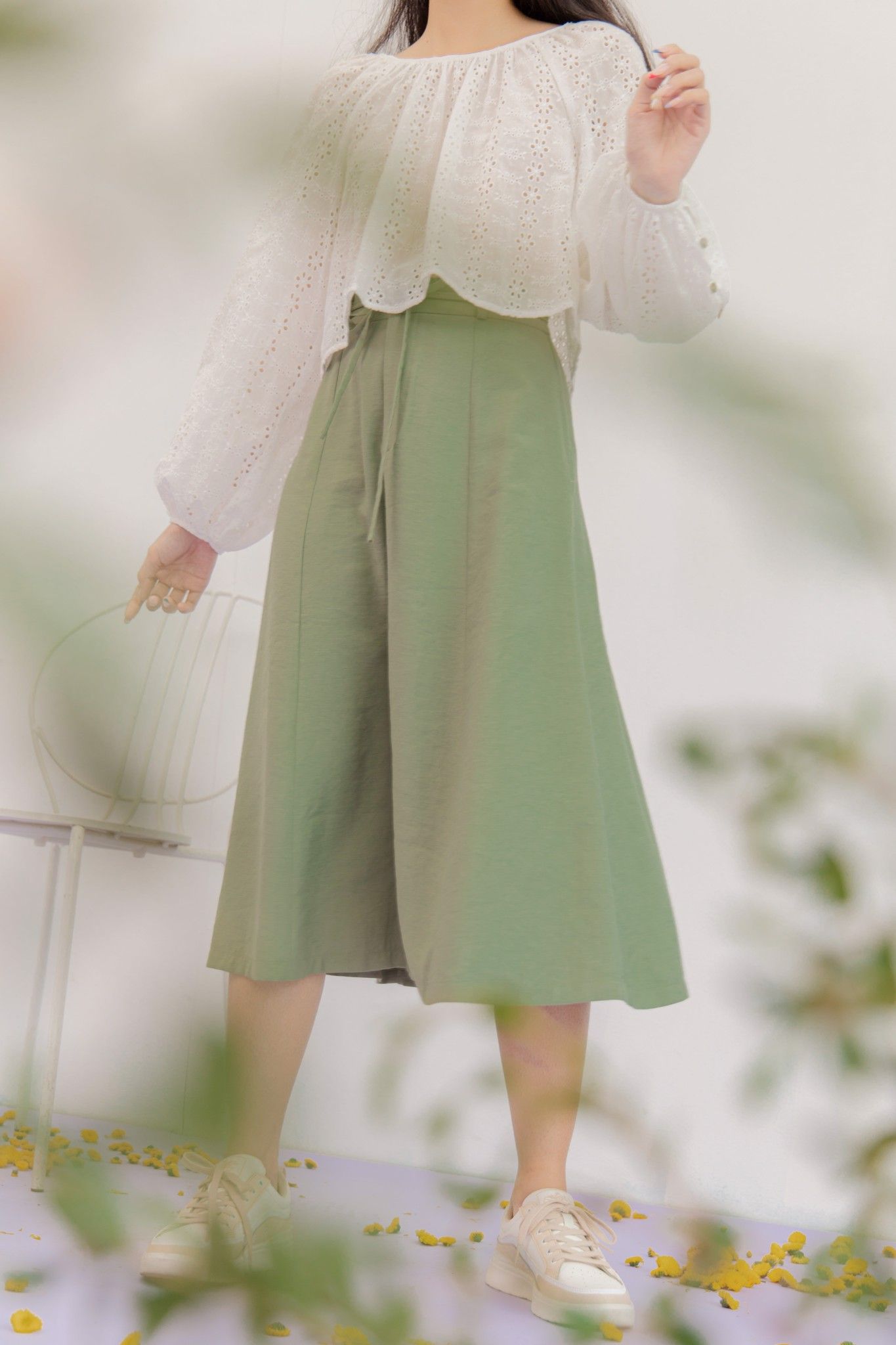 Green Tie Waist Midi Skirt