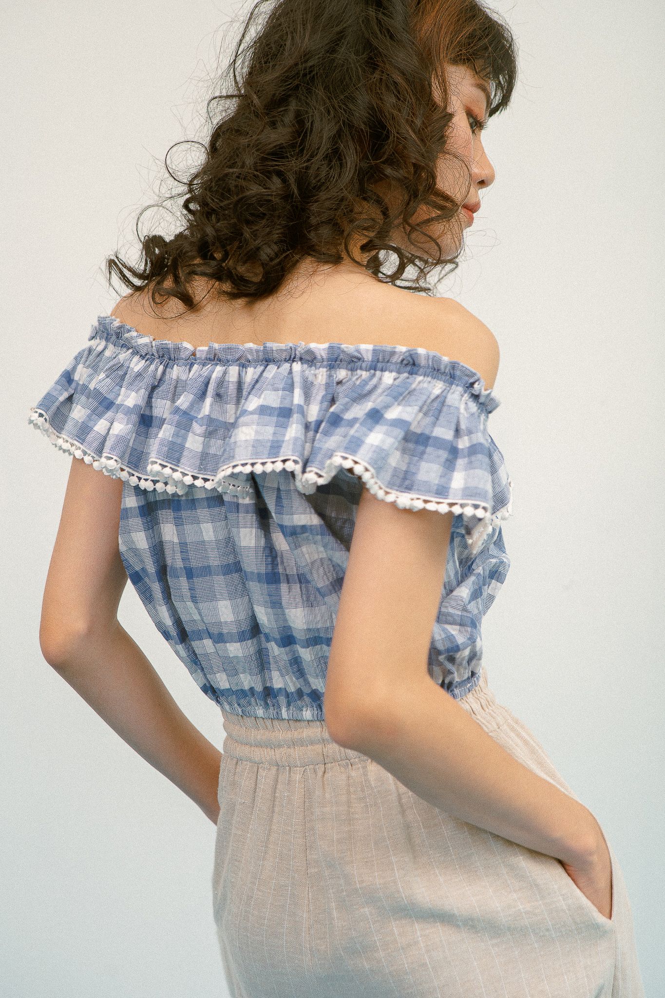 Checked Off Shoulder Top