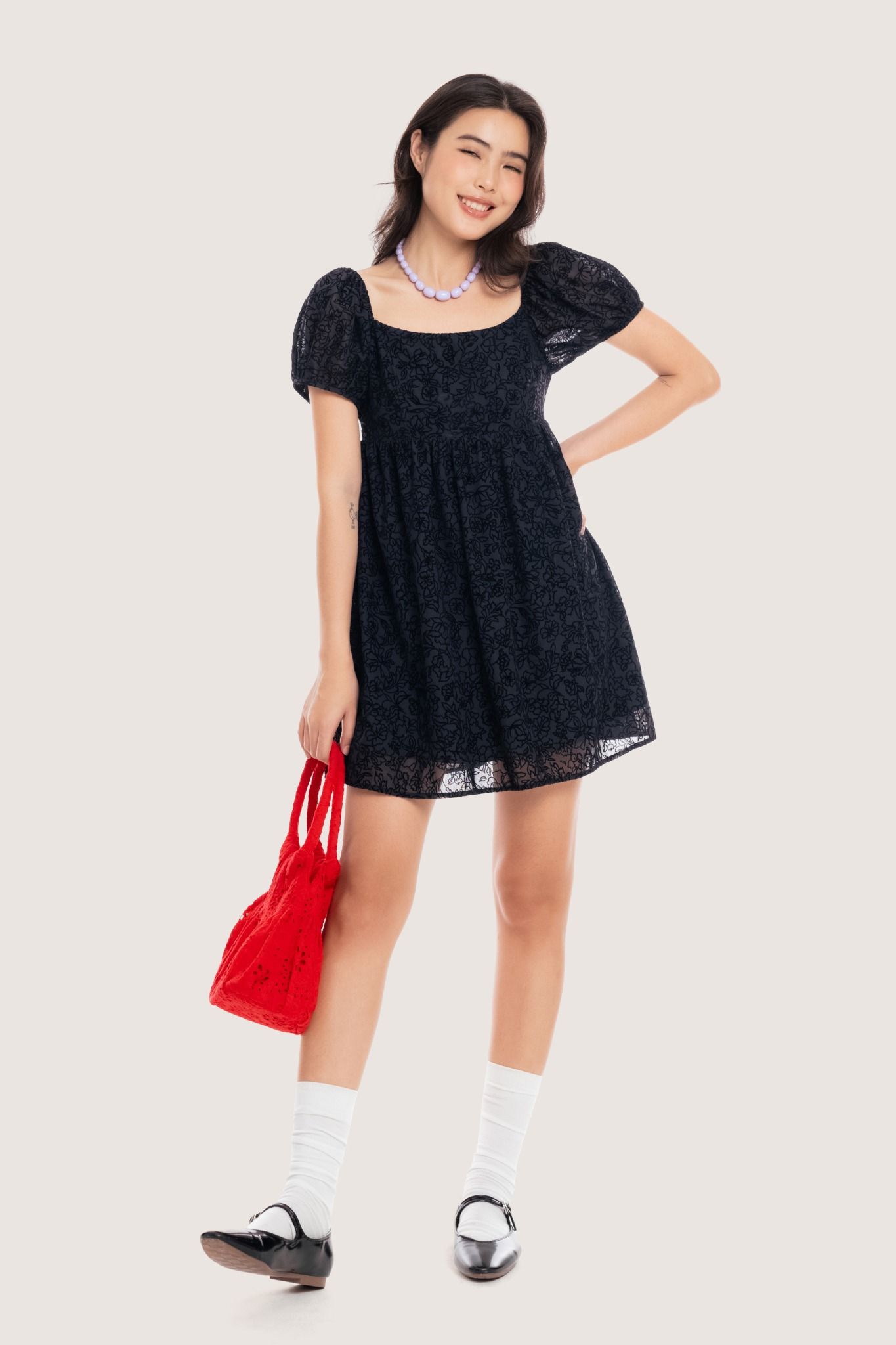 Black Puff Sleeves Flowers Texture Sheer Mini Dress 