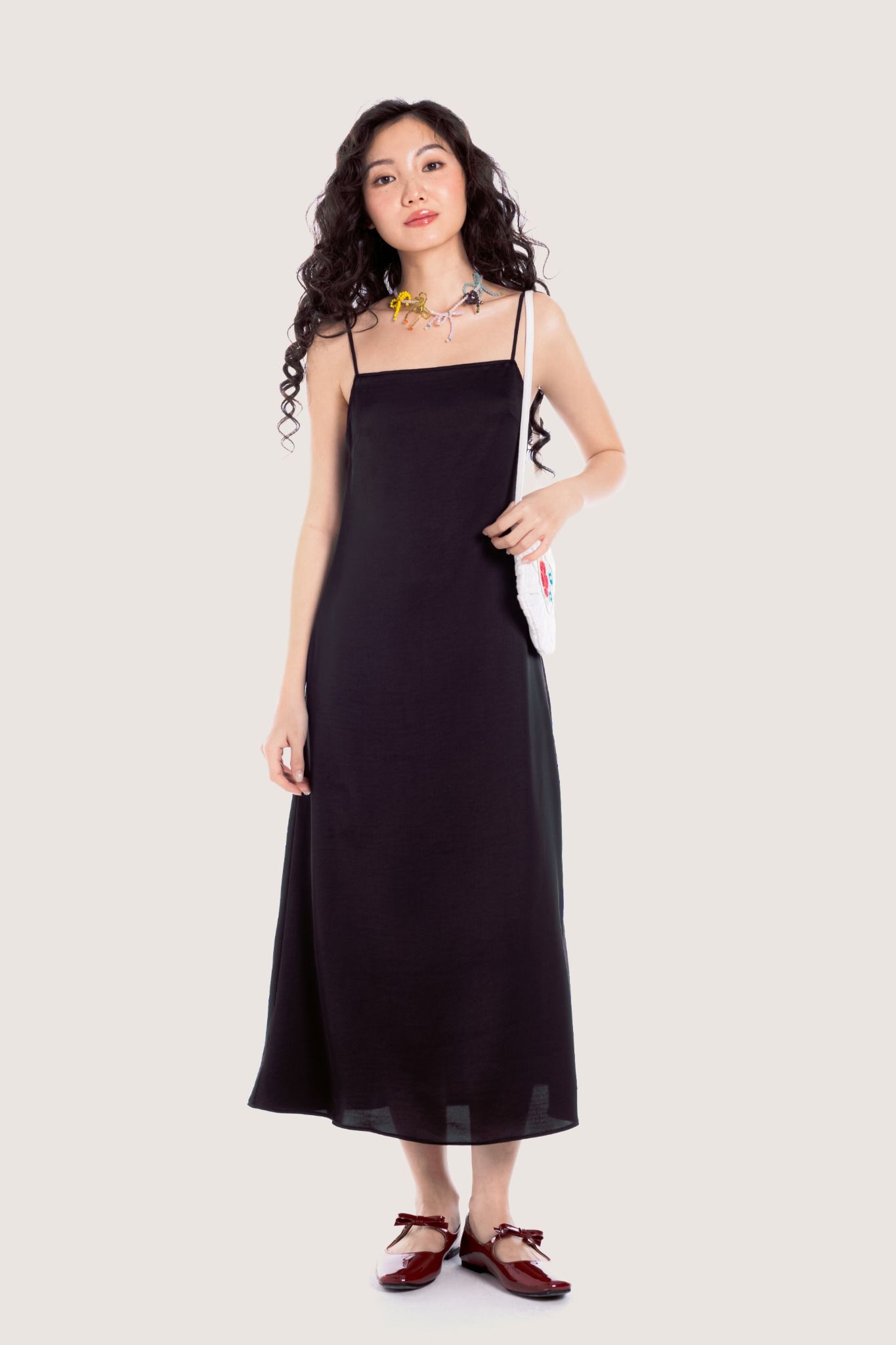  Black Trimming Back Silk Midi Dress 