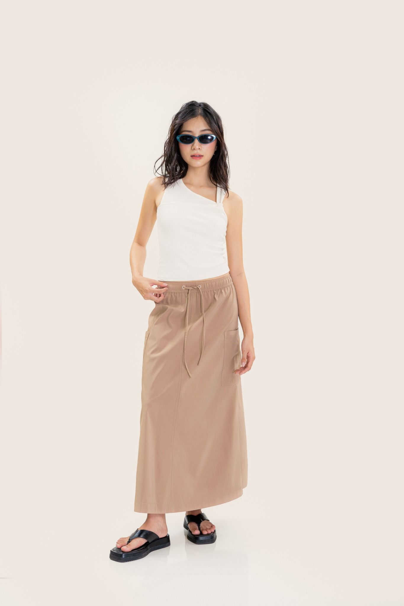  Brown Ruched Midi Skirt With Pockets 