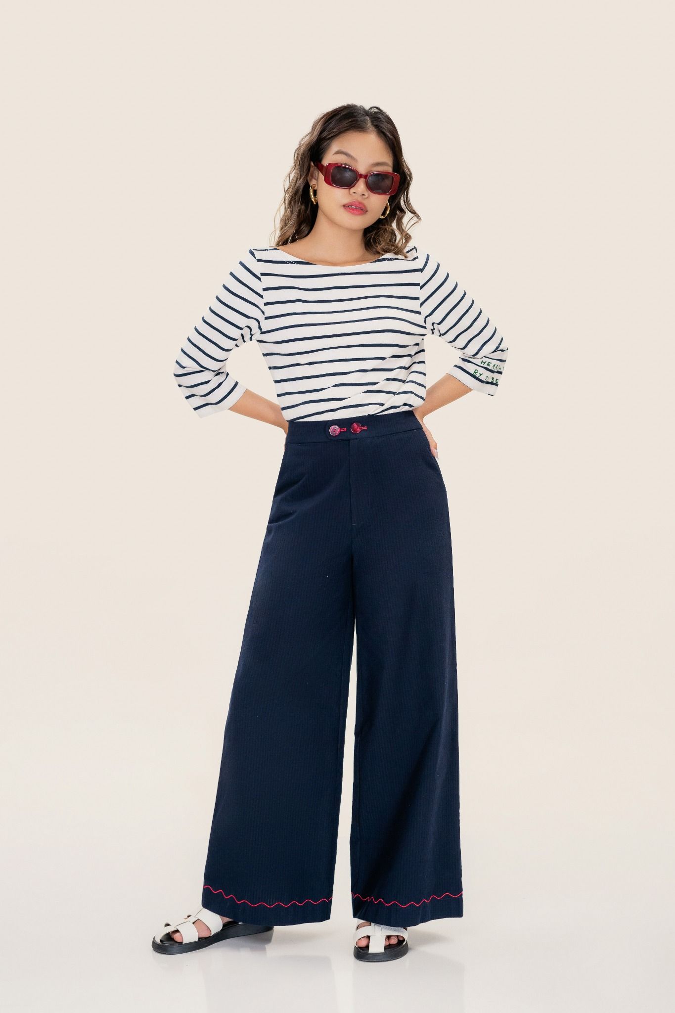  Navy Scallop Embroidered Detail Trousers 