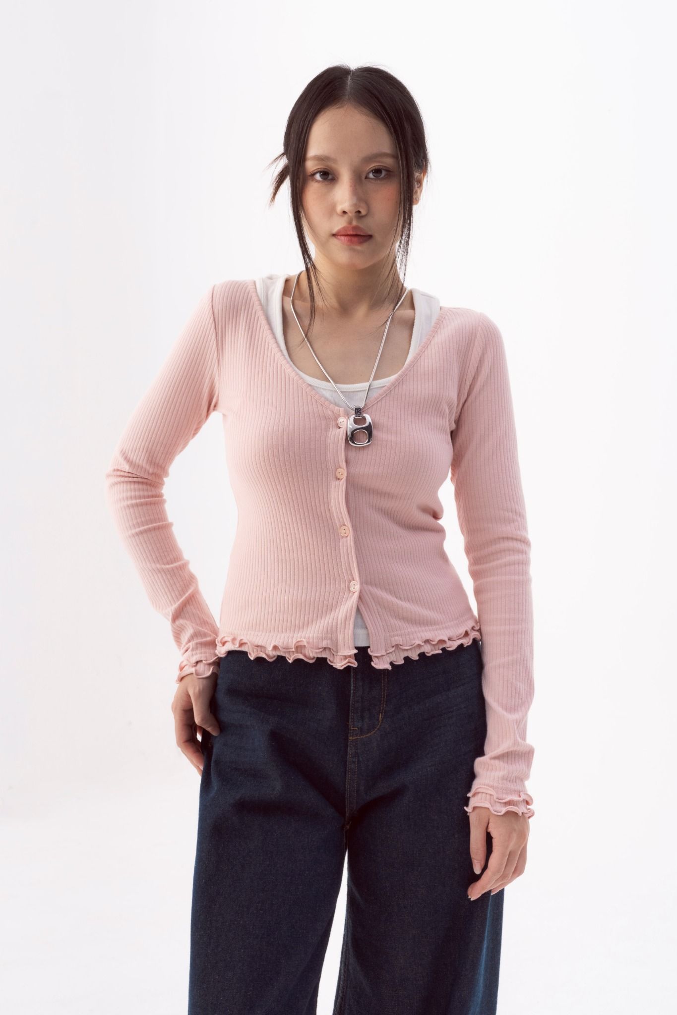  Pink V-neck Lettuce Hem Long Sleeve Top 