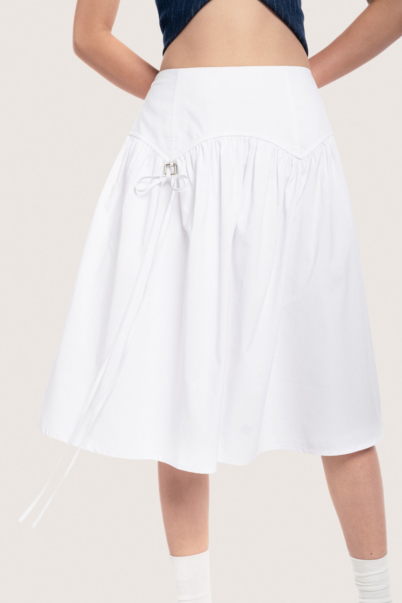  White Ruched Bow Tie Waistband Midi Skirt 