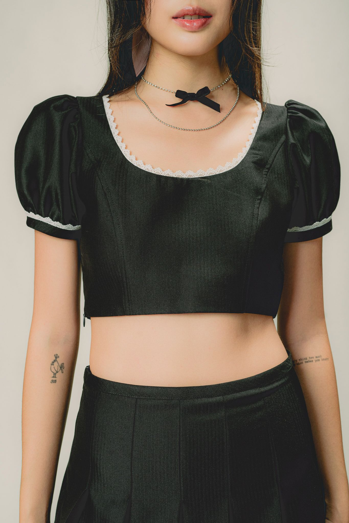  Black Puff Sleeve Crop Top With Lace Trim 