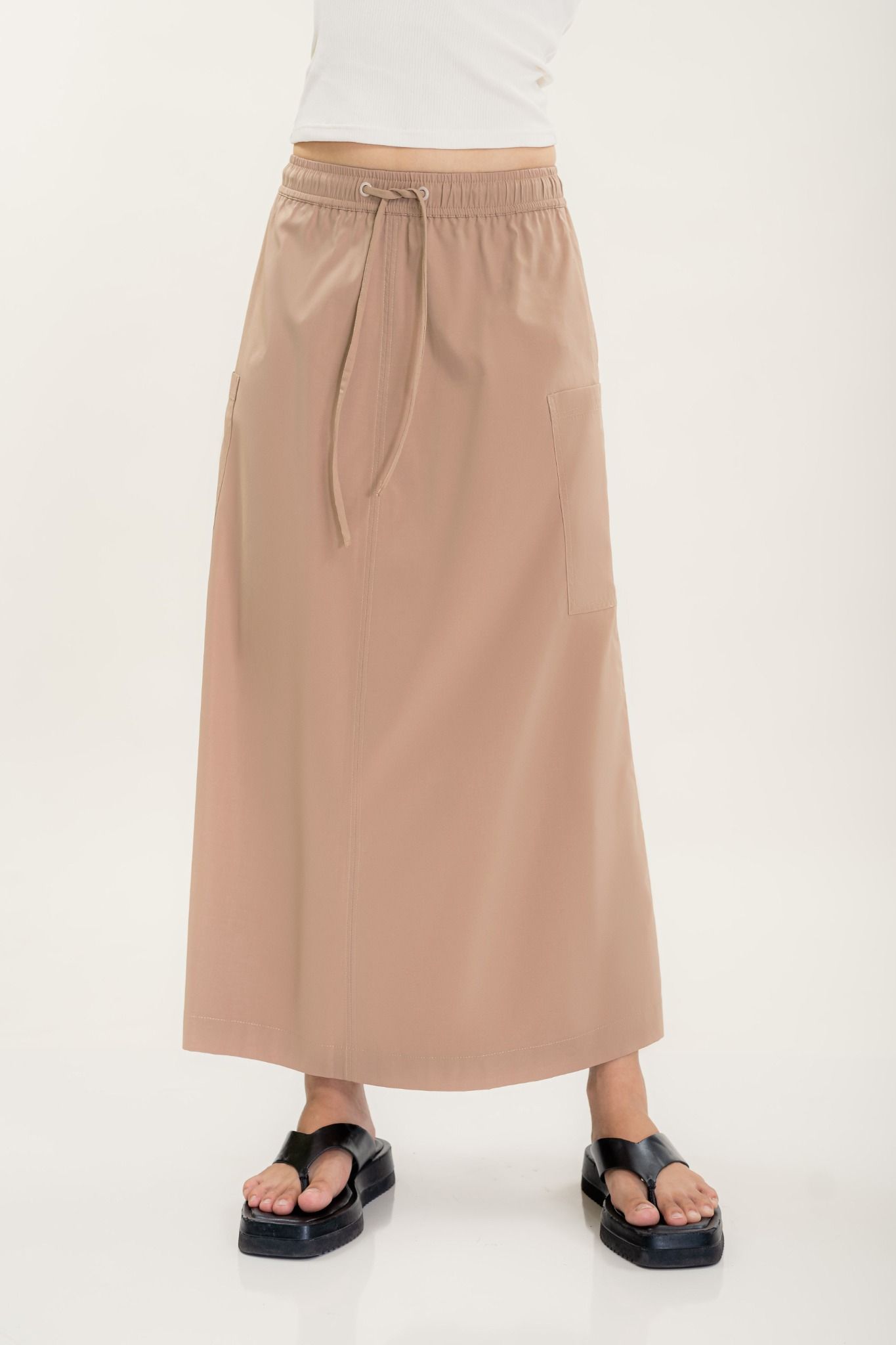  Brown Ruched Midi Skirt With Pockets 