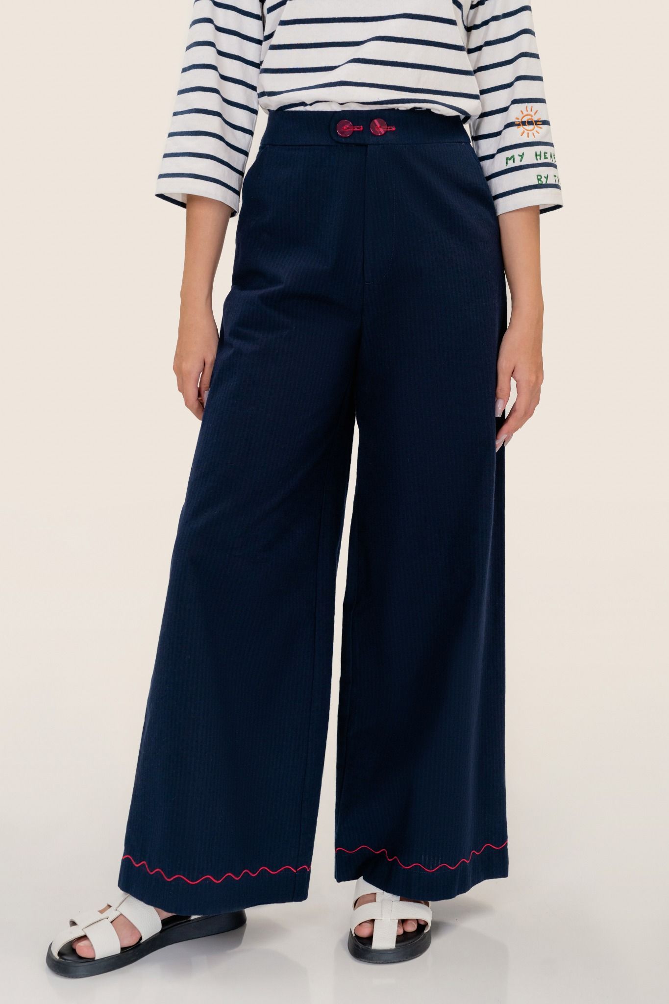  Navy Scallop Embroidered Detail Trousers 