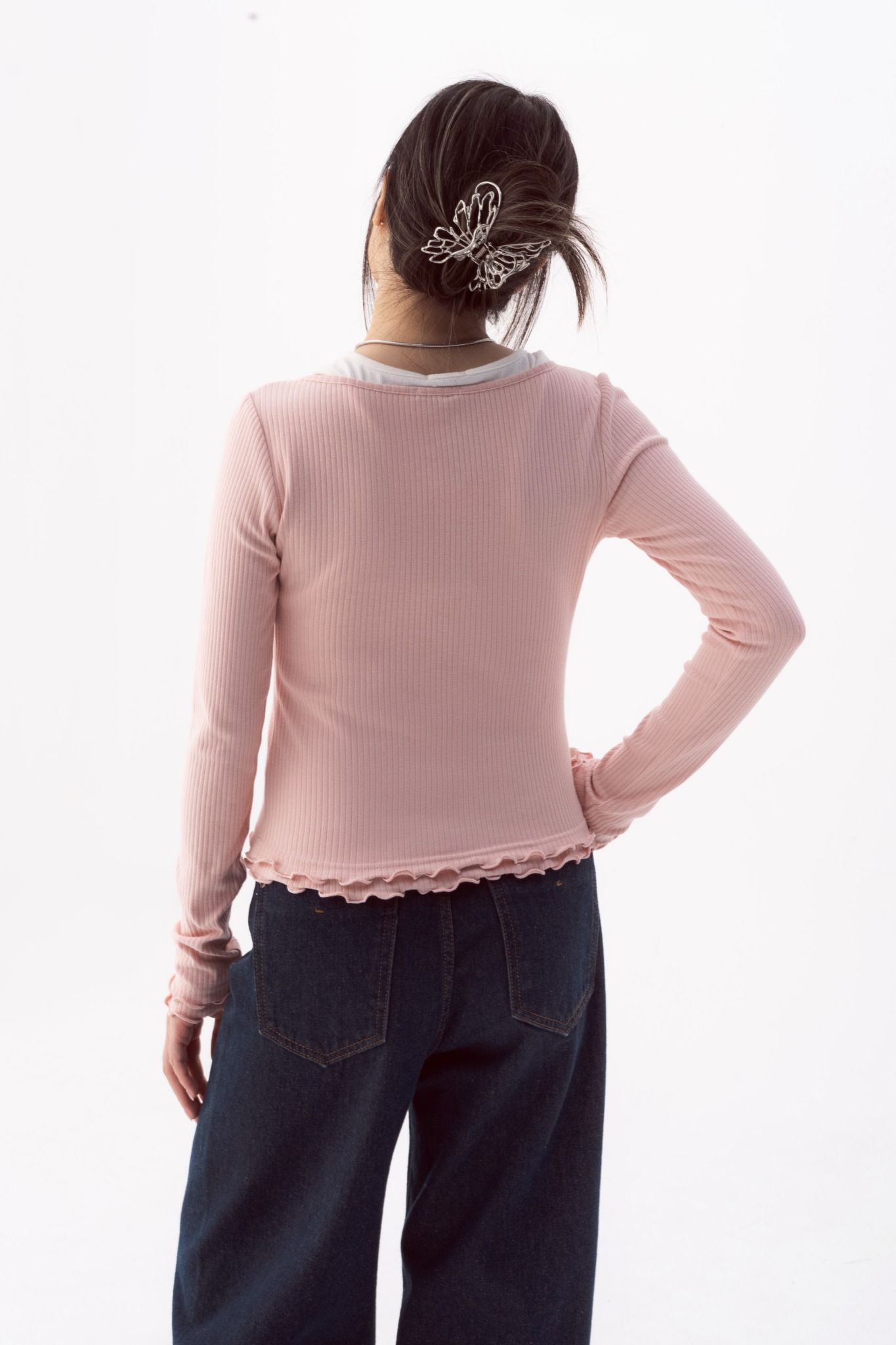  Pink V-neck Lettuce Hem Long Sleeve Top 