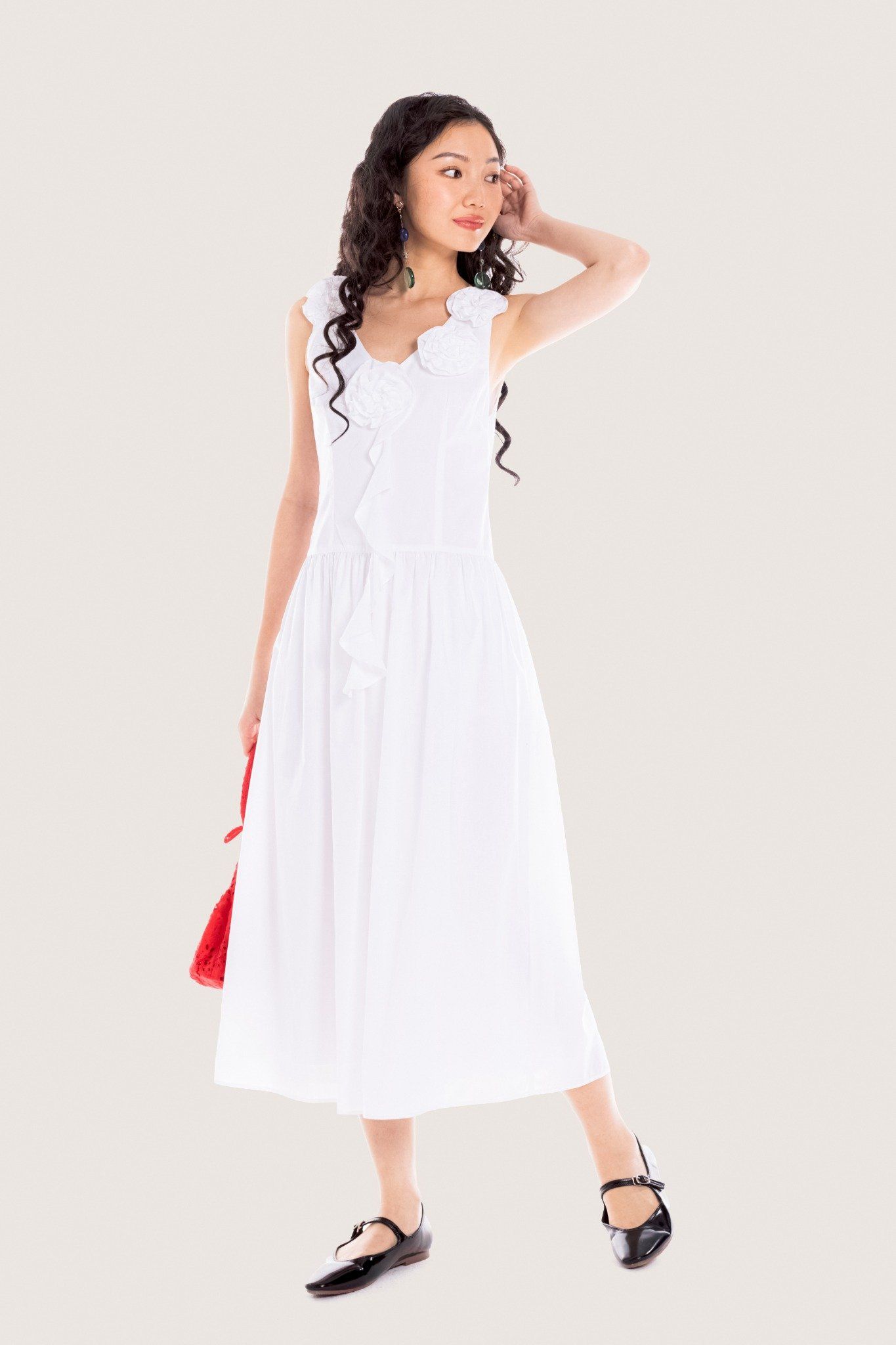 White Floral Embellished Ruffle Midi Dress
