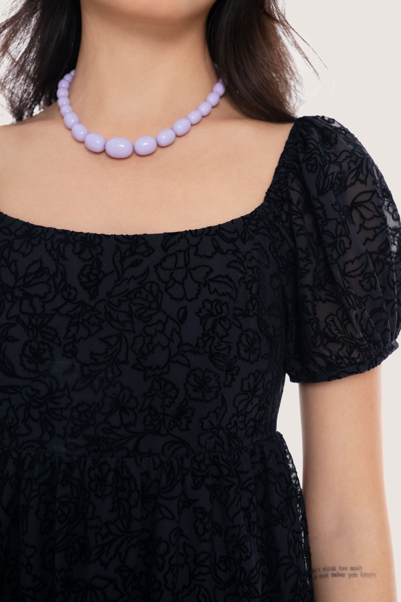  Black Puff Sleeves Flowers Texture Sheer Mini Dress 