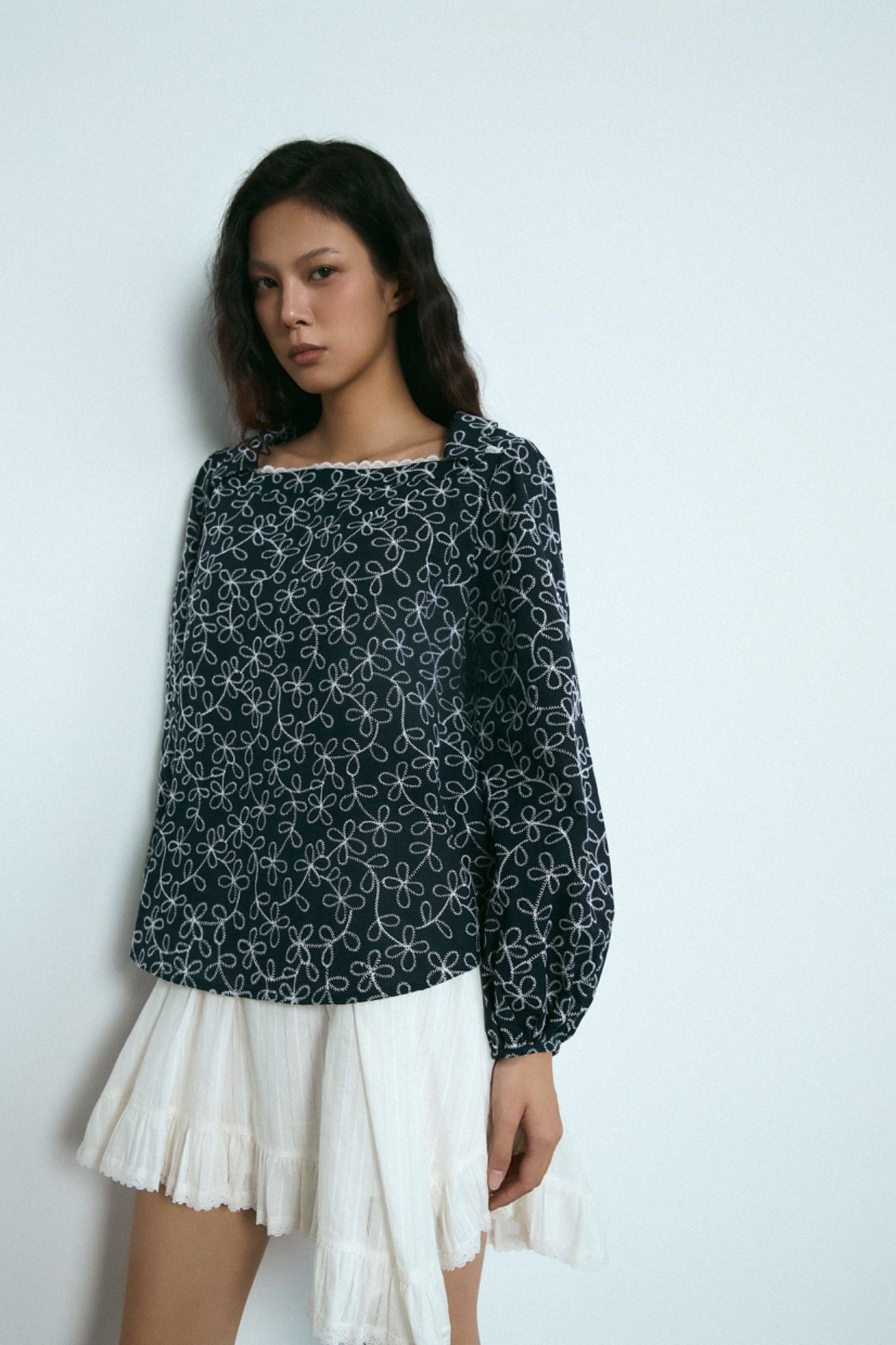 Navy Embroidered Top