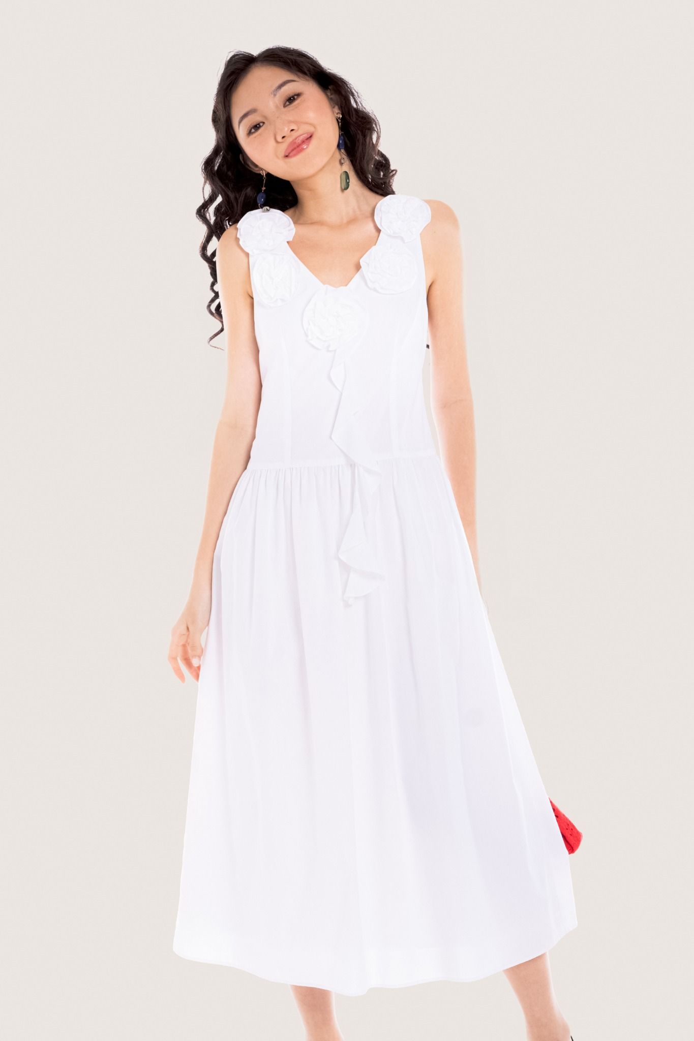 White Floral Embellished Ruffle Midi Dress