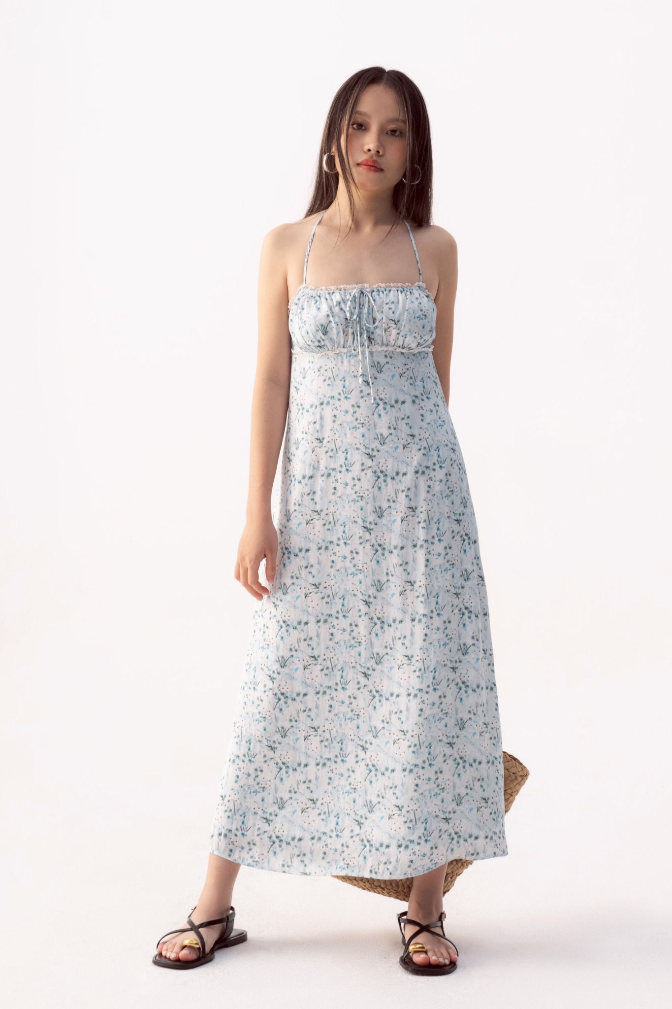 Green Floral Lace Hem Silk Midi Dress