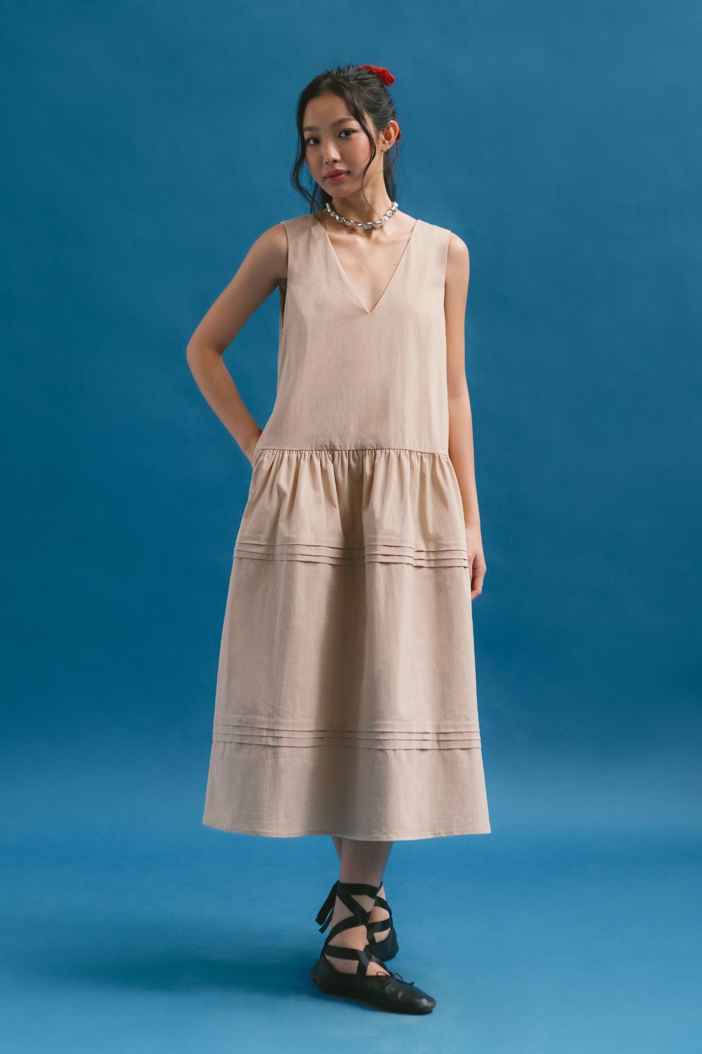  Beige V-neck Tiered Midi Dress 