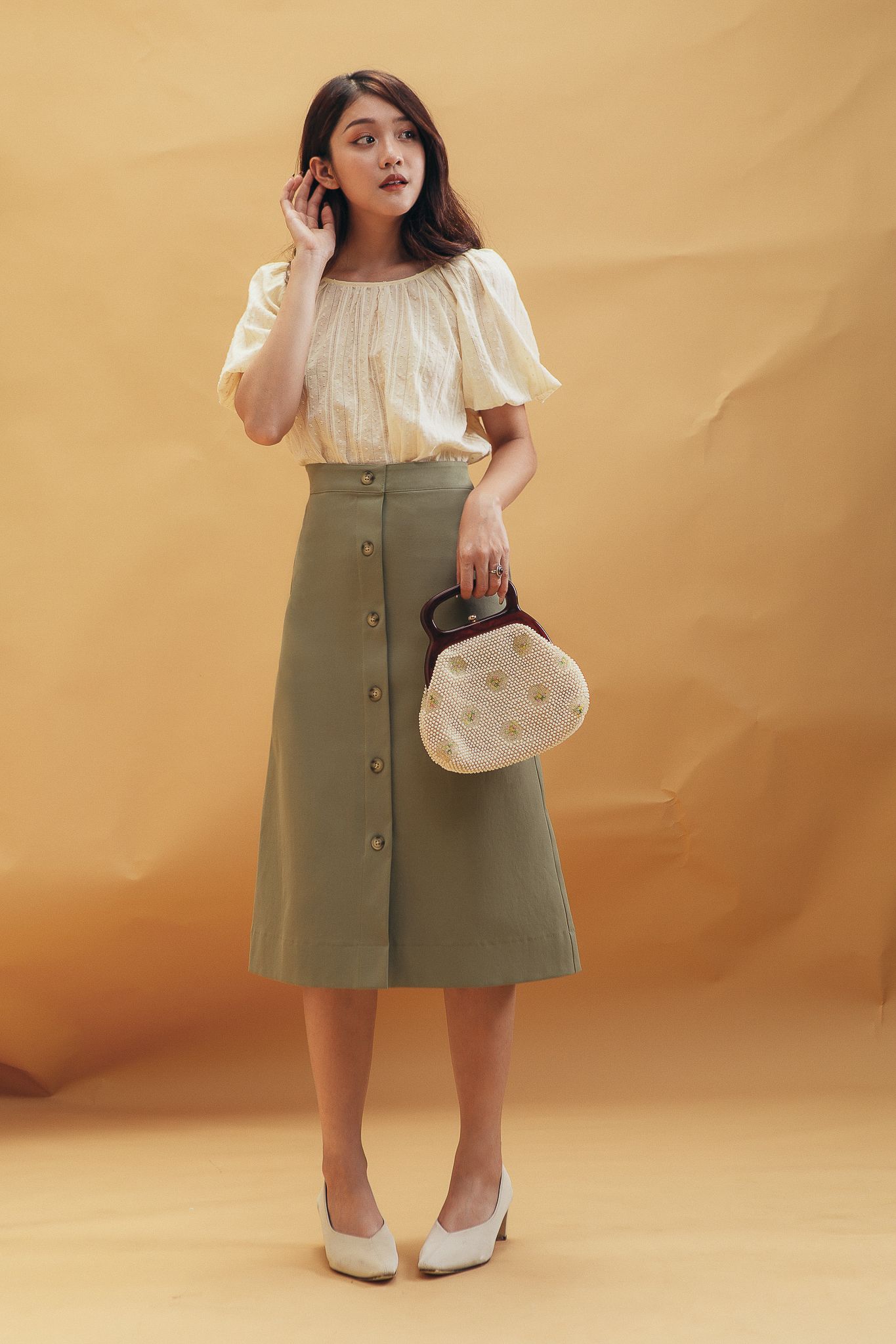 Olive Midi Skirt With Buttons