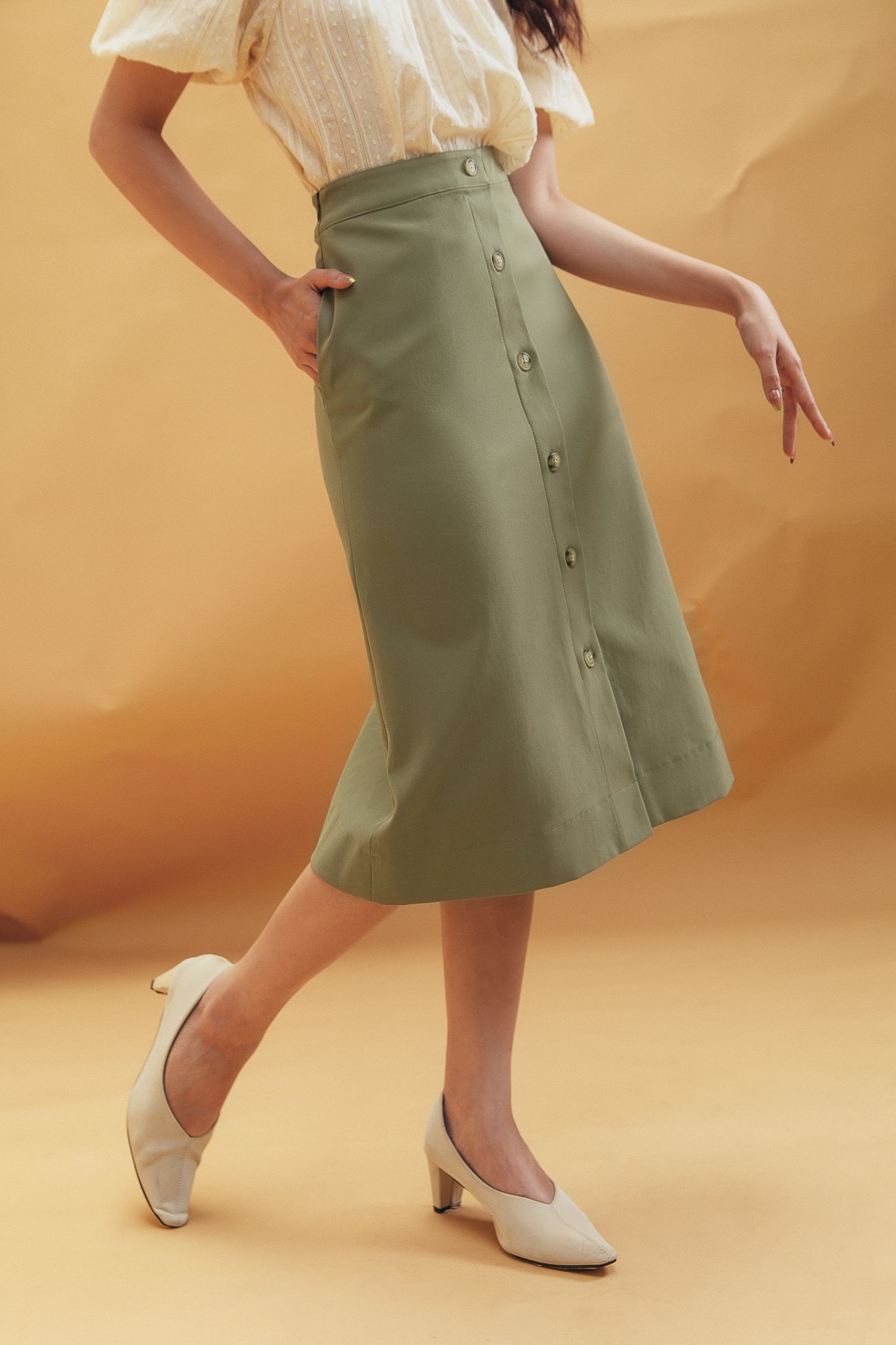 Olive Midi Skirt With Buttons