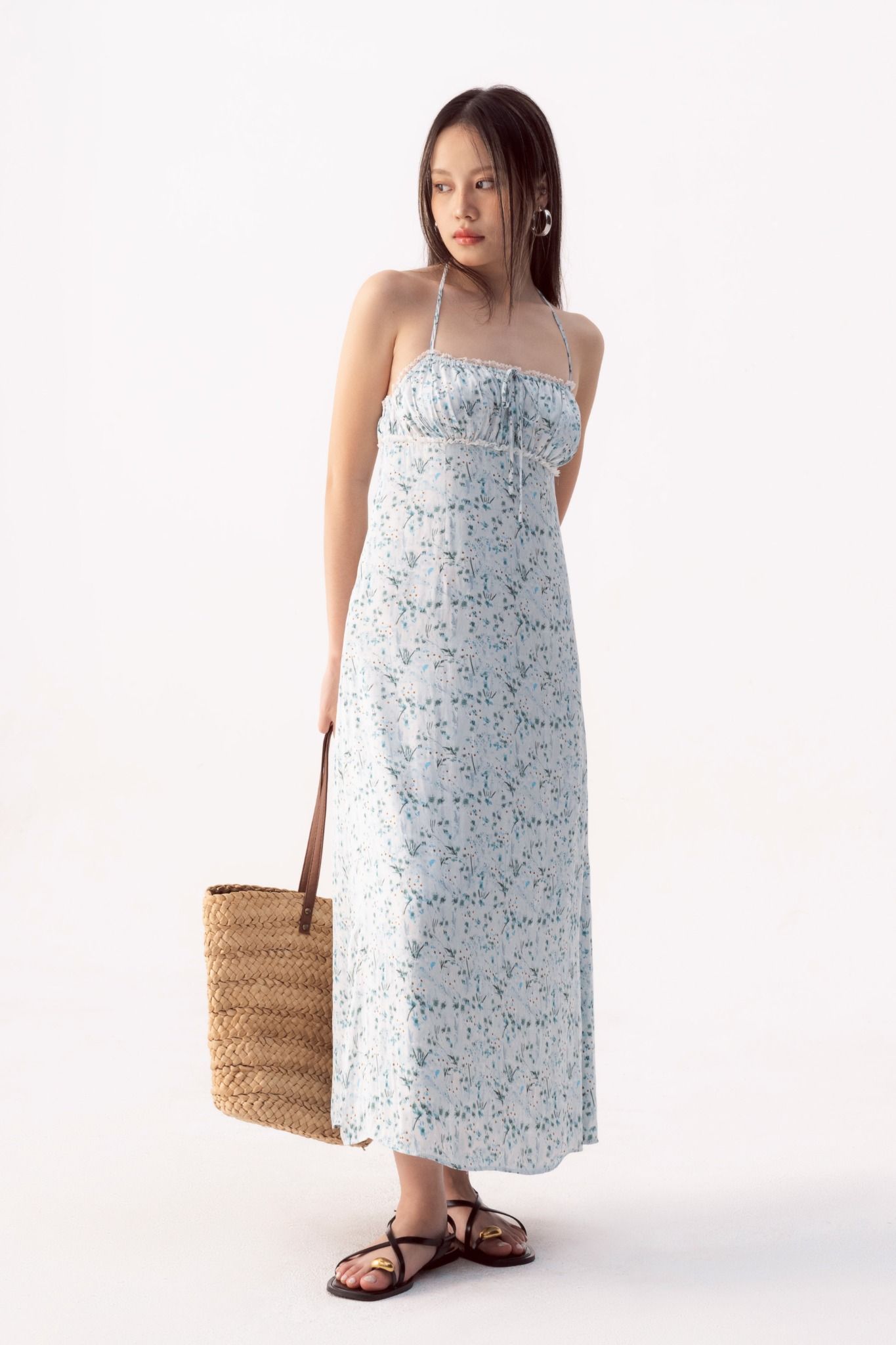  Green Floral Lace Hem Silk Midi Dress 