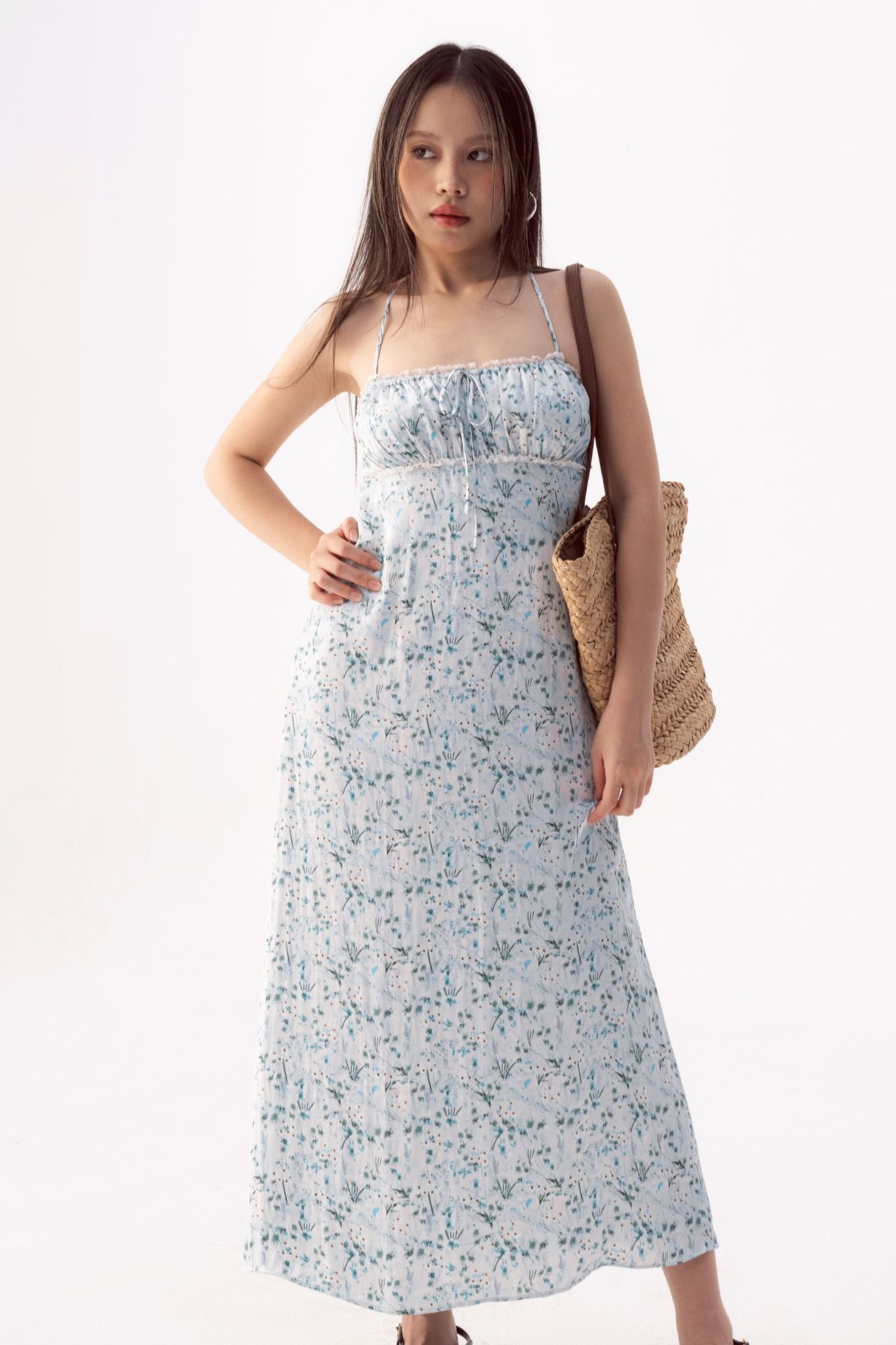 Green Floral Lace Hem Silk Midi Dress
