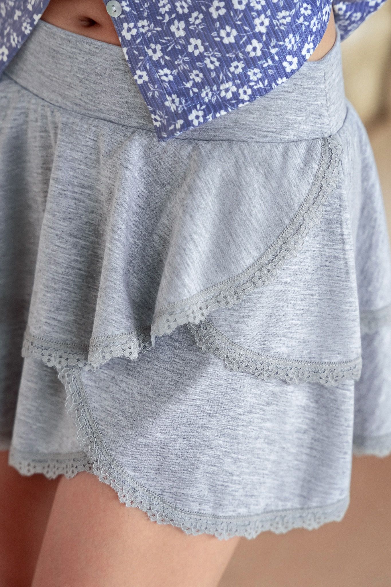 Light Grey Lace Trim Mini Skirt