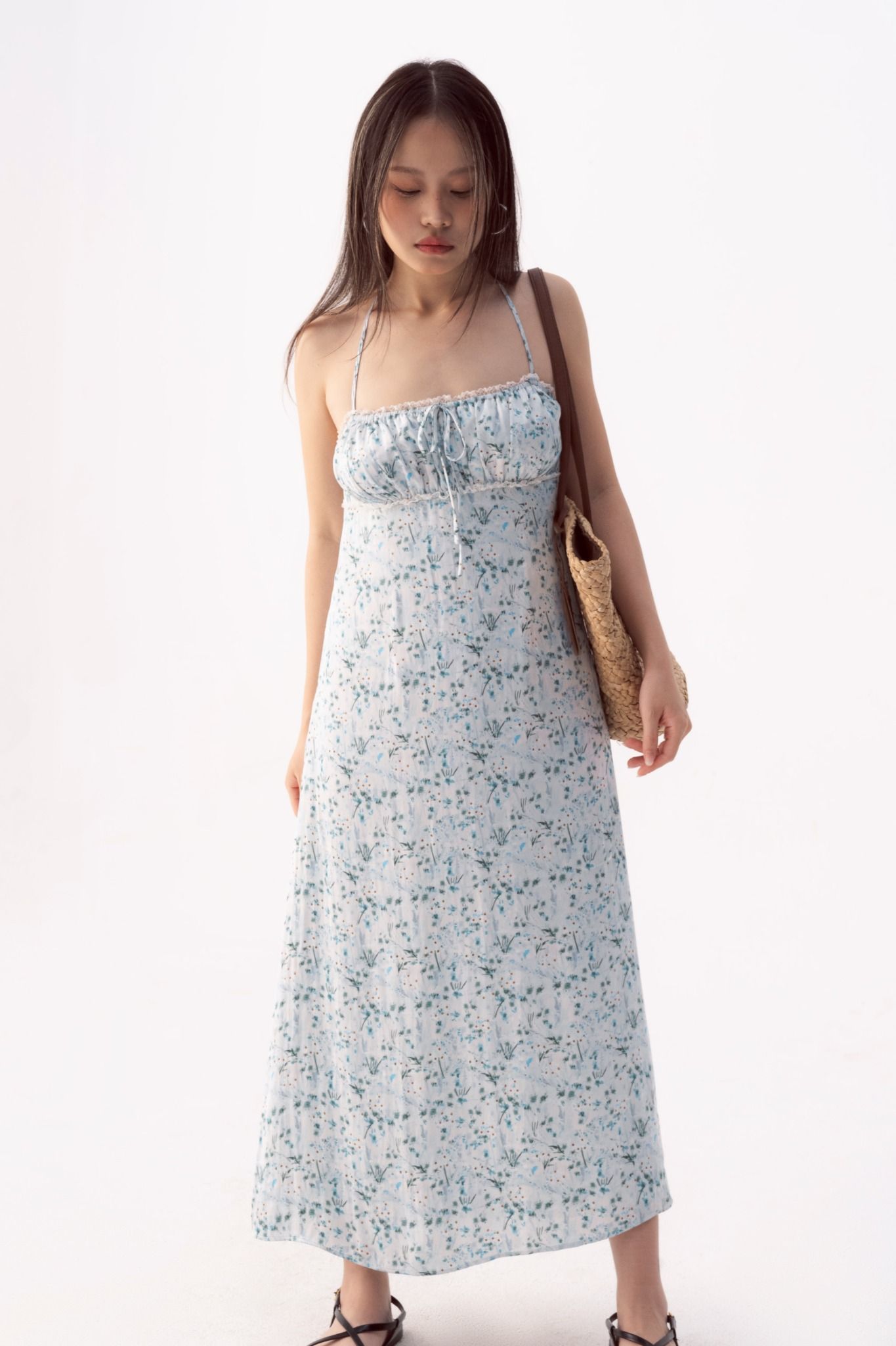 Green Floral Lace Hem Silk Midi Dress