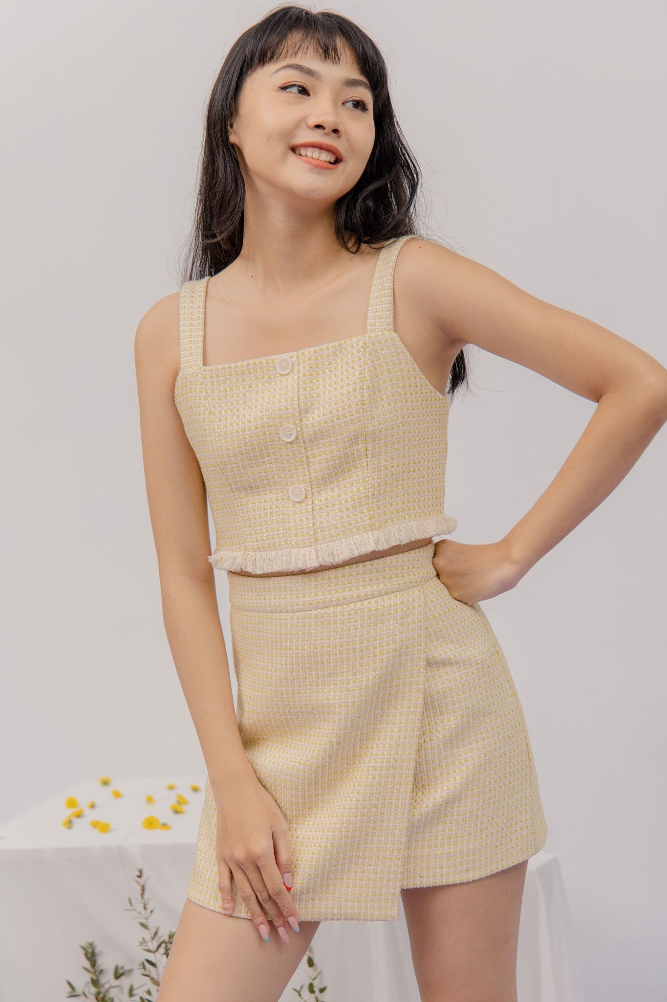 Lime Button Front Tweed Top