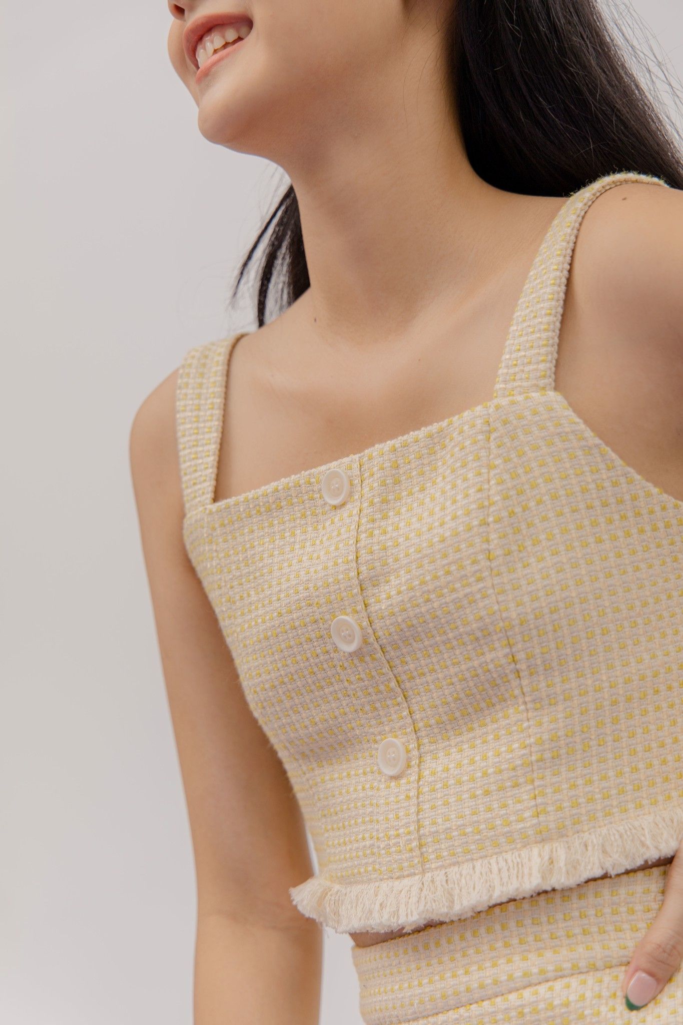 Lime Button Front Tweed Top